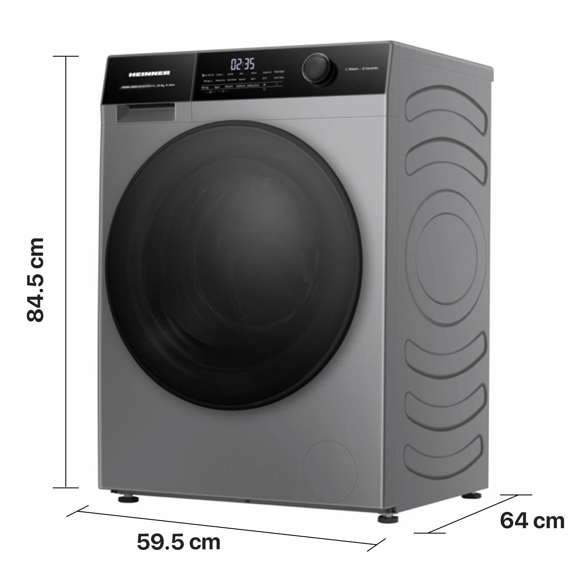 Lave-linge gris Heinner avec affichage numérique et dimensions 84.5x59.5x64 cm.