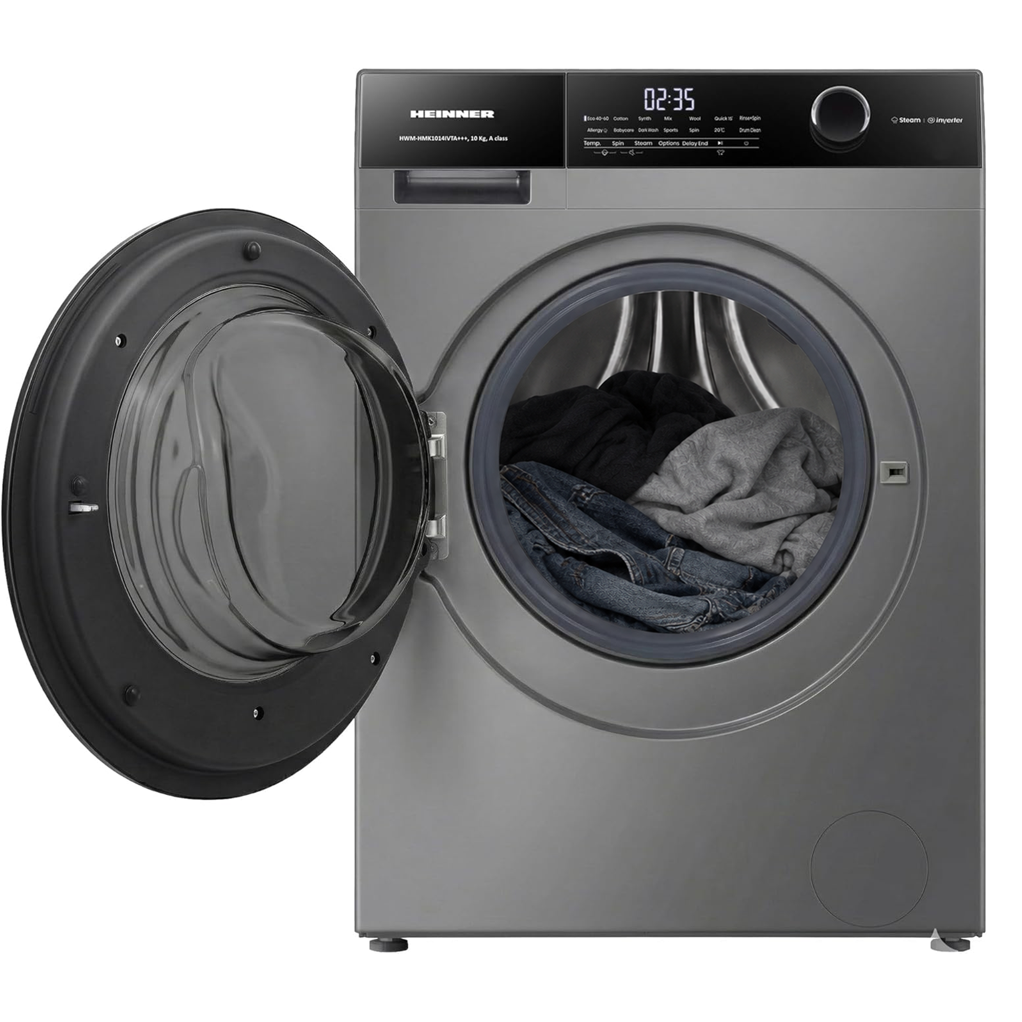 Lave-linge gris Heinner avec porte ouverte, rempli de vêtements et panneau de commande noir.