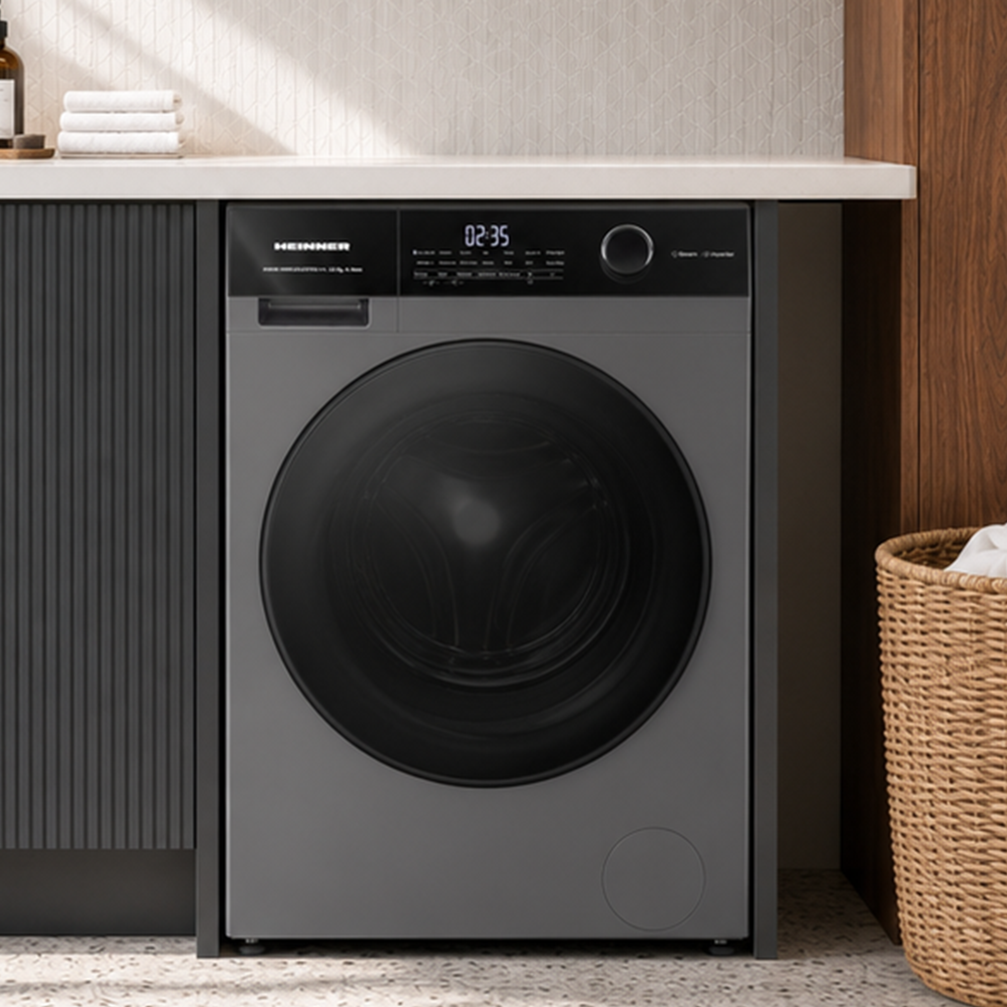 Un lave-linge gris Heinner se trouve dans une cuisine moderne avec un plan de travail blanc et un panier.