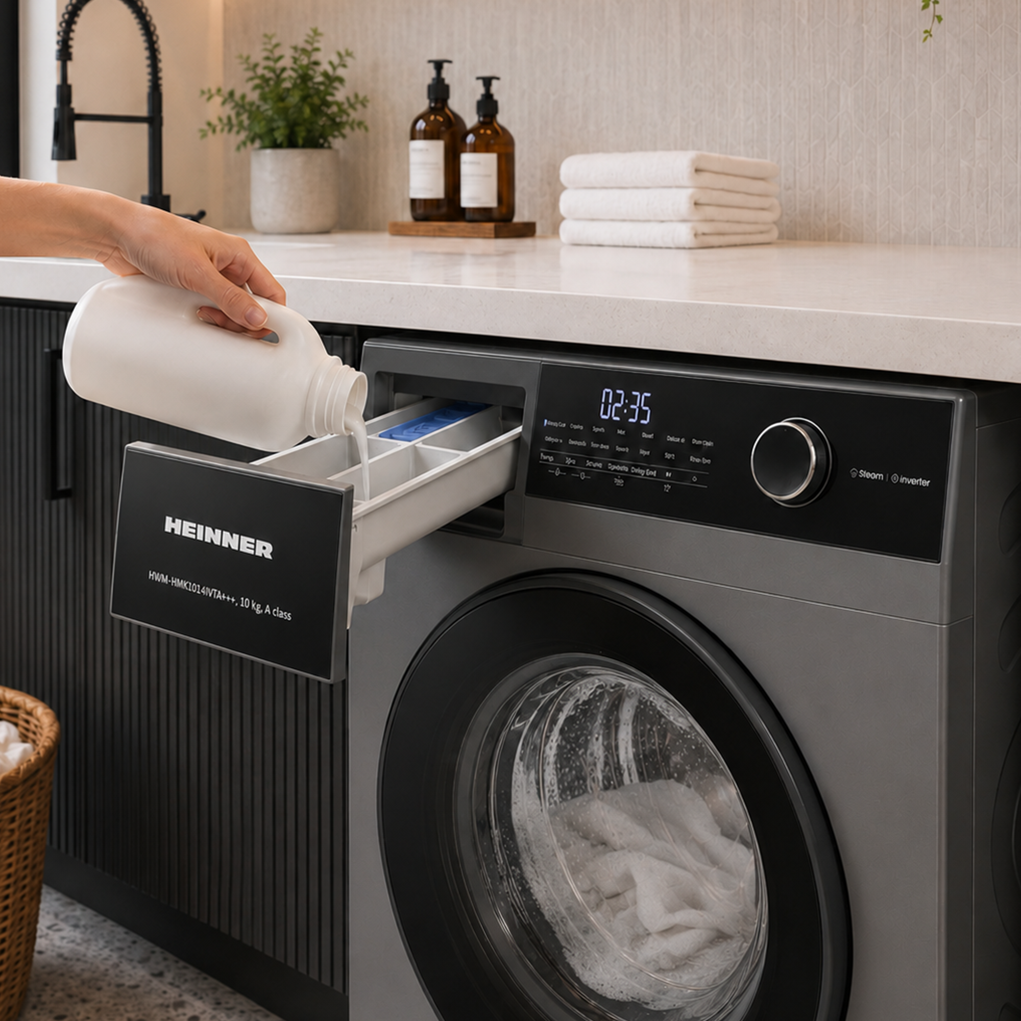 Personne versant de la lessive liquide dans le tiroir ouvert d'un lave-linge gris Heinner.