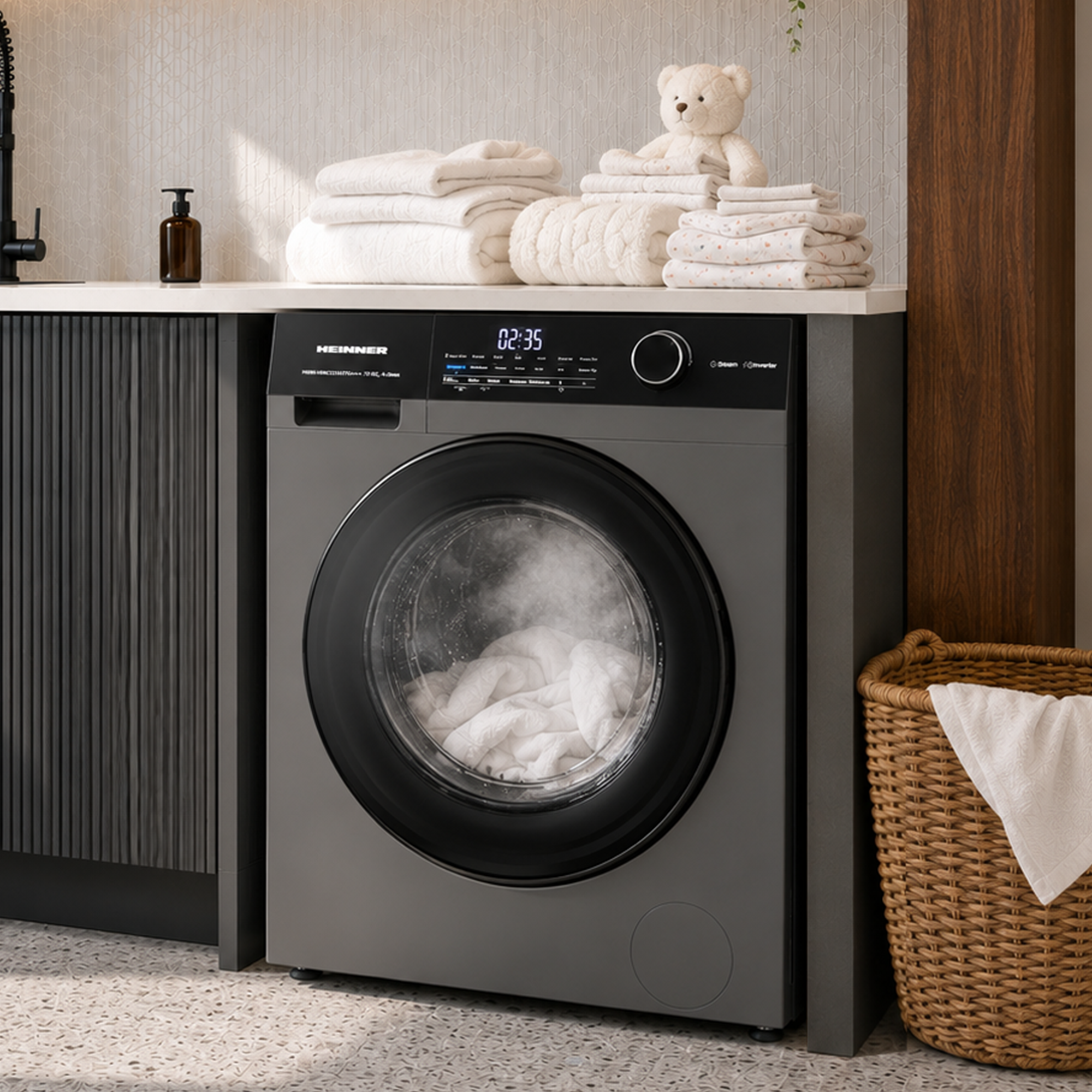 Un lave-linge gris moderne fonctionne, avec des serviettes pliées et un ours en peluche sur le plan de travail.