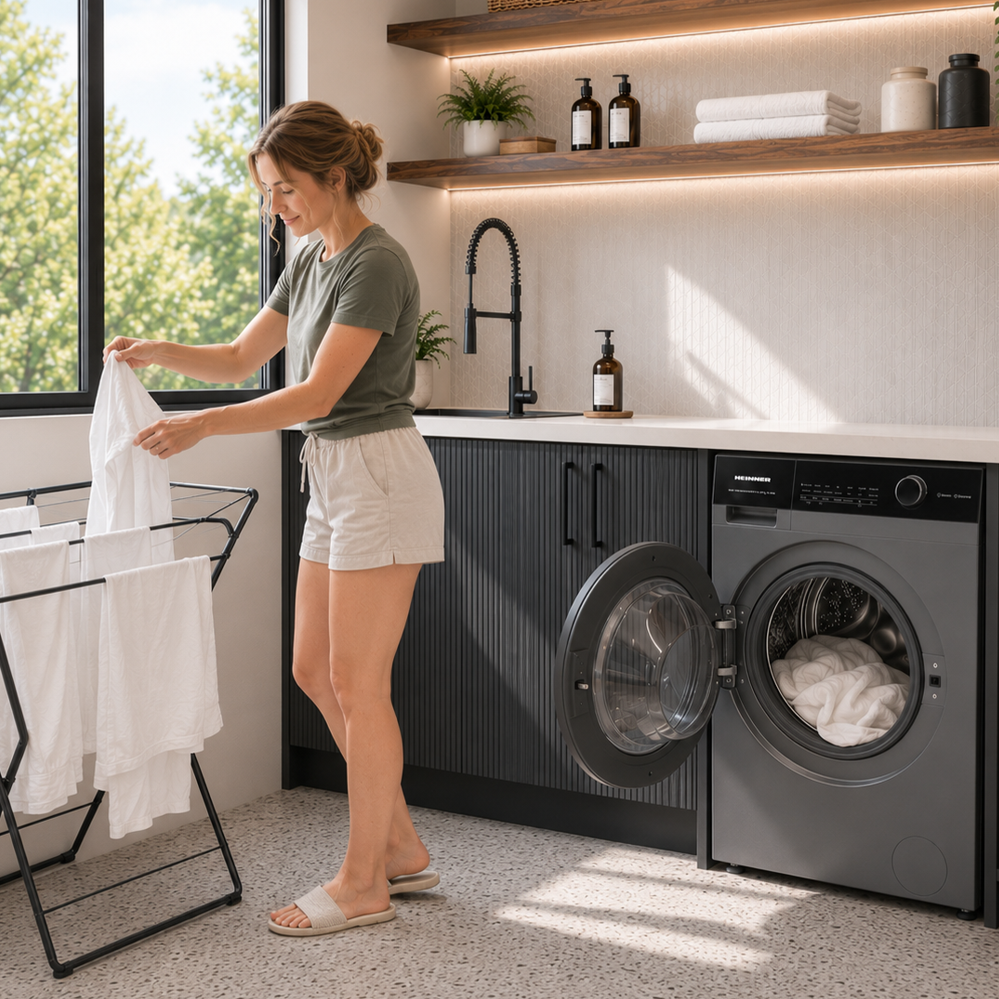 Une femme en t-shirt gris étend du linge blanc sur un séchoir à côté d'un lave-linge gris ouvert.