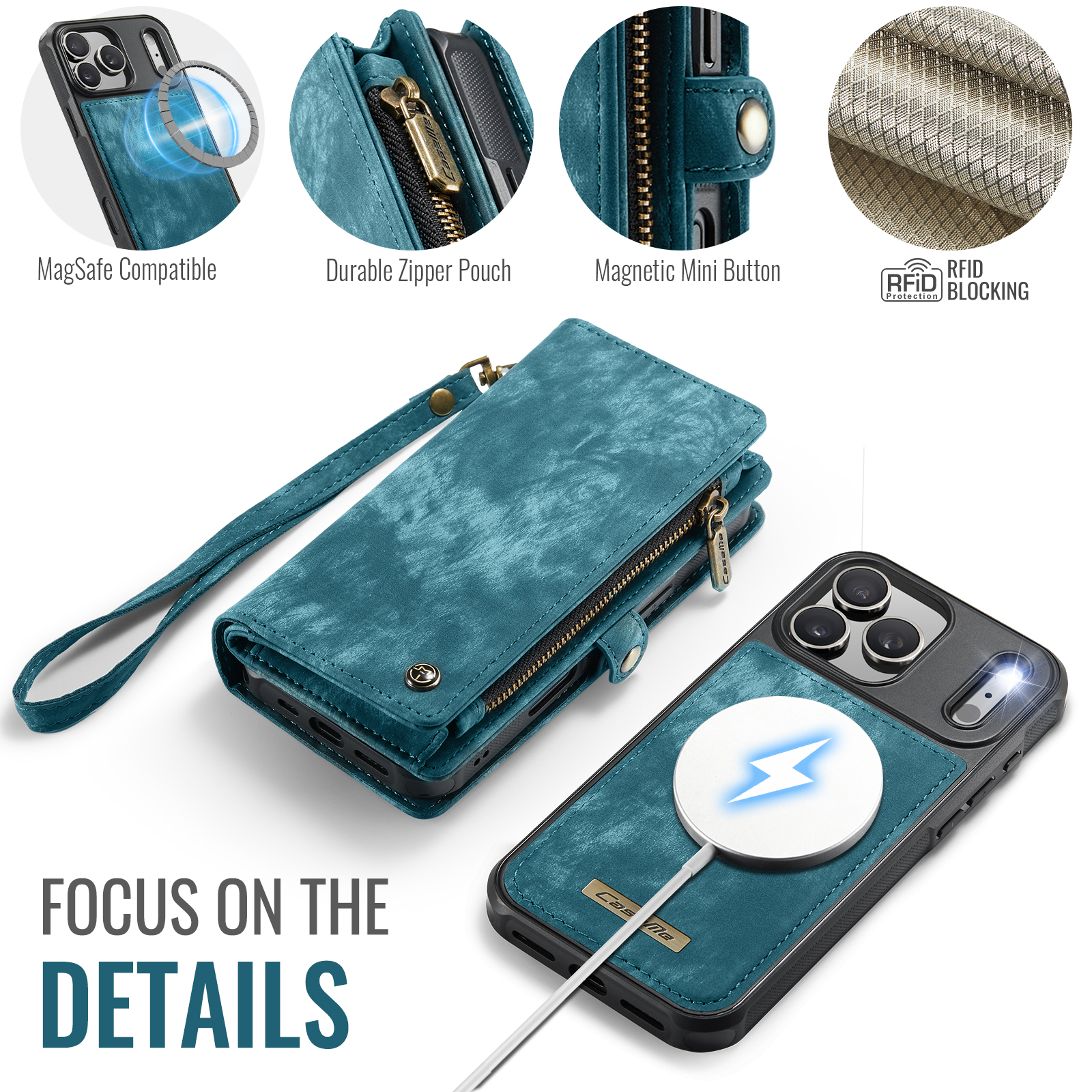 Custodia in pelle blu con tasca con cerniera, compatibilità MagSafe e protezione RFID.