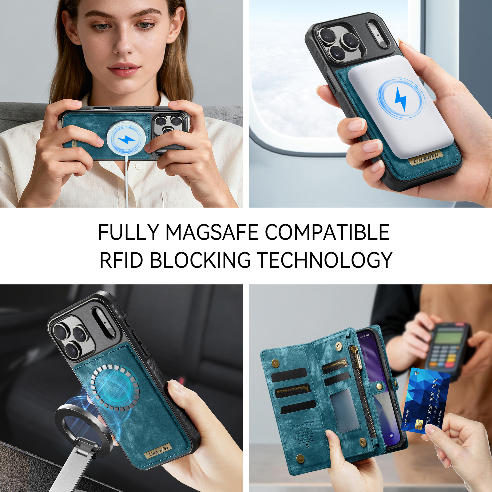 Custodia compatibile MagSafe con portafoglio in pelle blu, tasche per carte e tecnologia RFID.