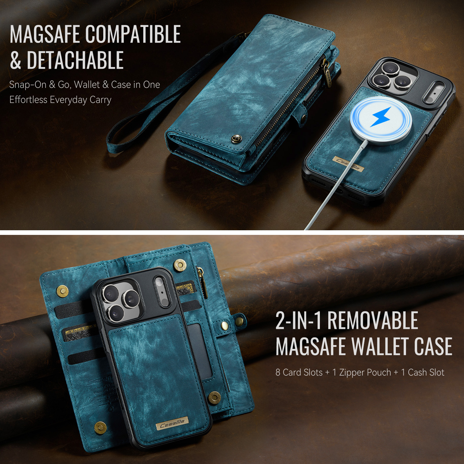Custodia a portafoglio MagSafe blu con tasche per carte e caricatore.