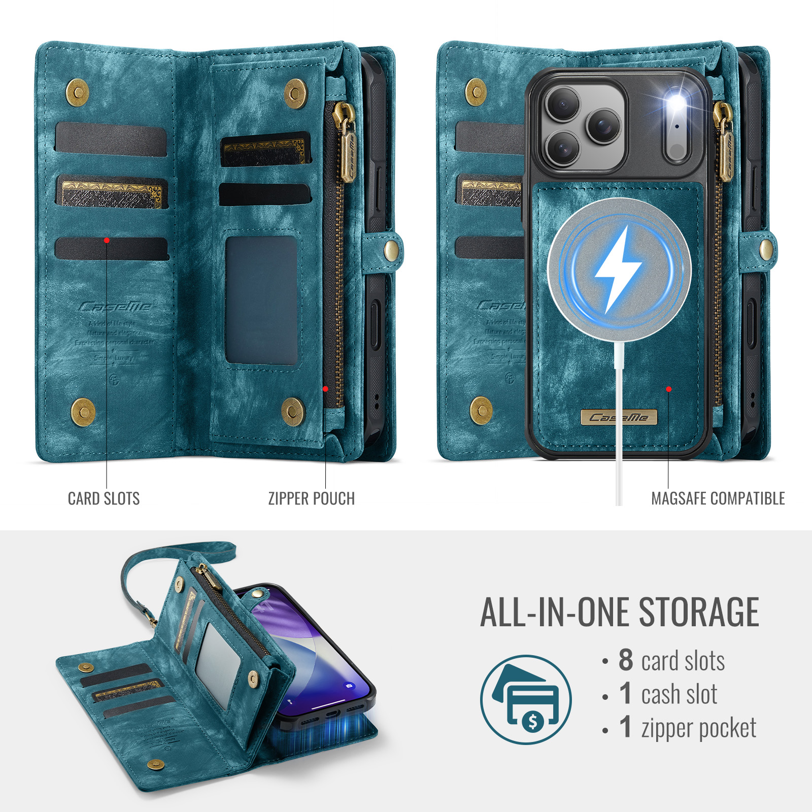 Custodia a portafoglio blu per telefono con porta carte, tasca con zip e ricarica MagSafe.