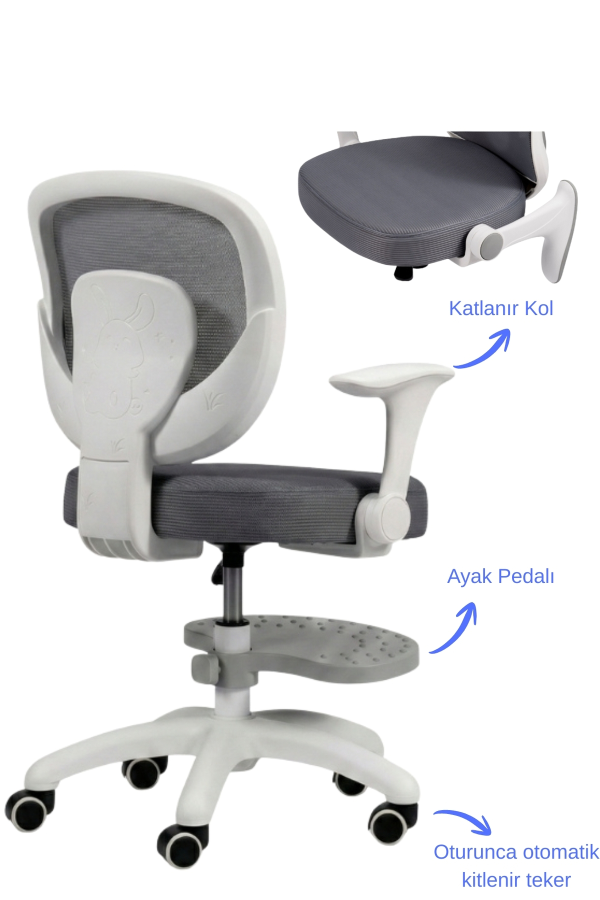 Katlanır kollu, ayak pedal ve otomatik kilitlenen tekerlekli gri beyaz çocuk çalışma koltuğu.