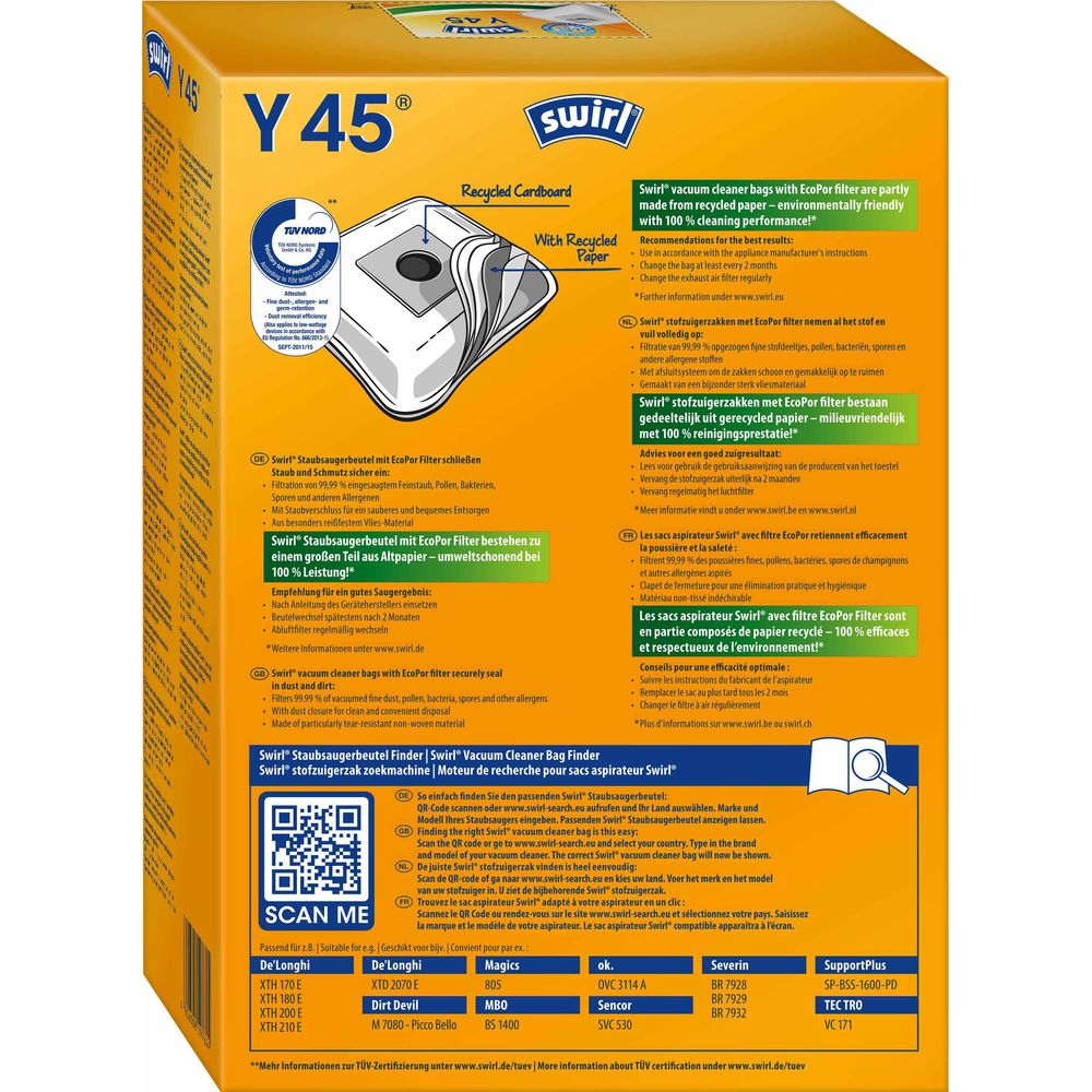 Envase amarillo de bolsas de aspiradora Swirl Y45 con texto y código QR.