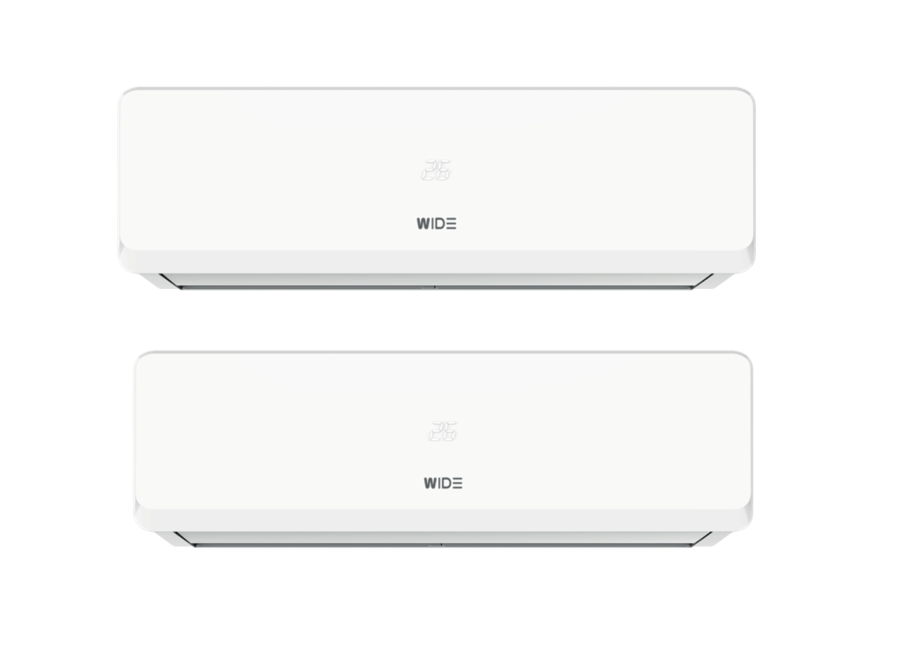 Dos aires acondicionados blancos apilados, con la marca WIDE y una pantalla de temperatura de 26 grados.