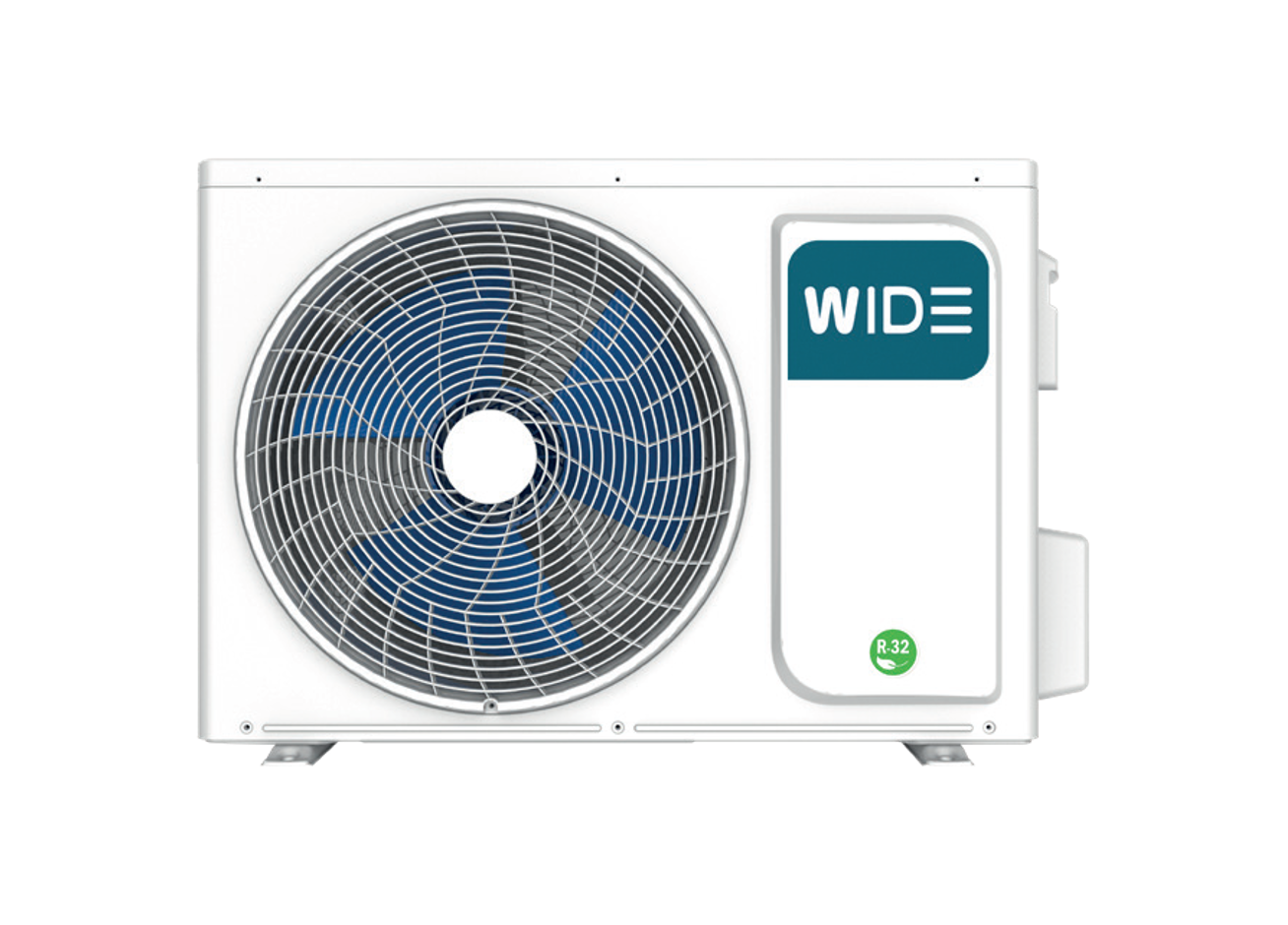 Unidad exterior de aire acondicionado WIDE blanca con rejilla de ventilación redonda y logotipo azul.