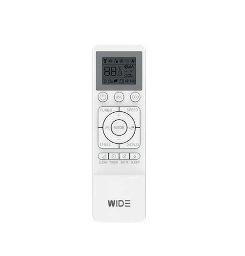 Control remoto blanco para aire acondicionado WIDE con pantalla LCD, botones redondos y logotipo.
