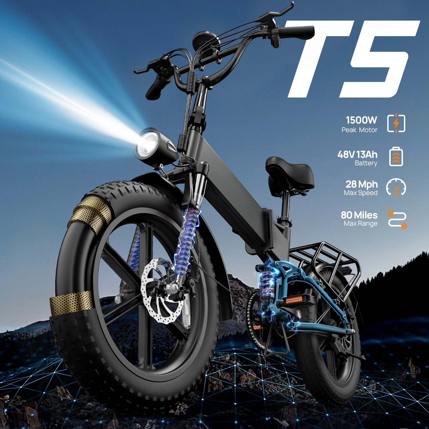 Bicicletta elettrica T5 nera con pneumatici larghi, faro acceso e grafiche elettriche.
