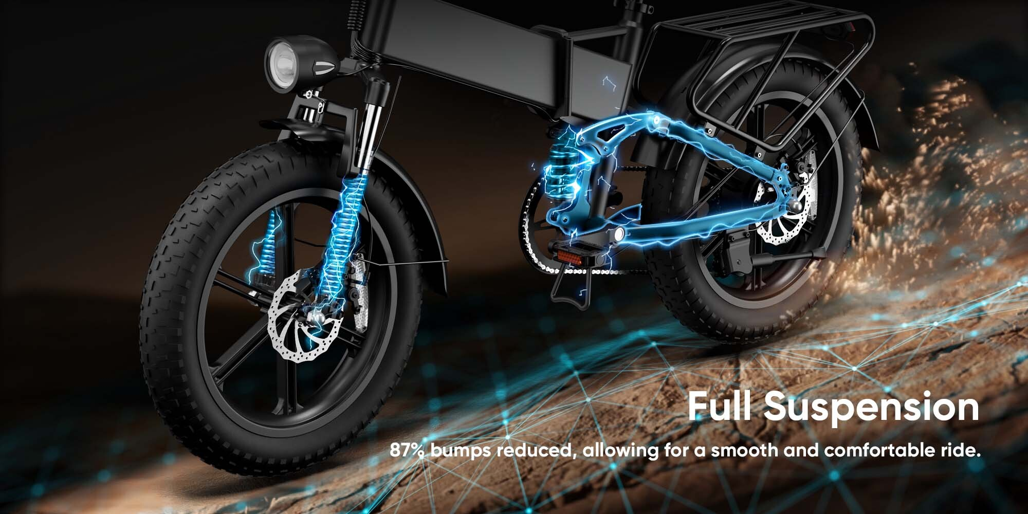 Una bici elettrica ammortizzata mostra effetti di energia blu sul telaio e sulla forcella.