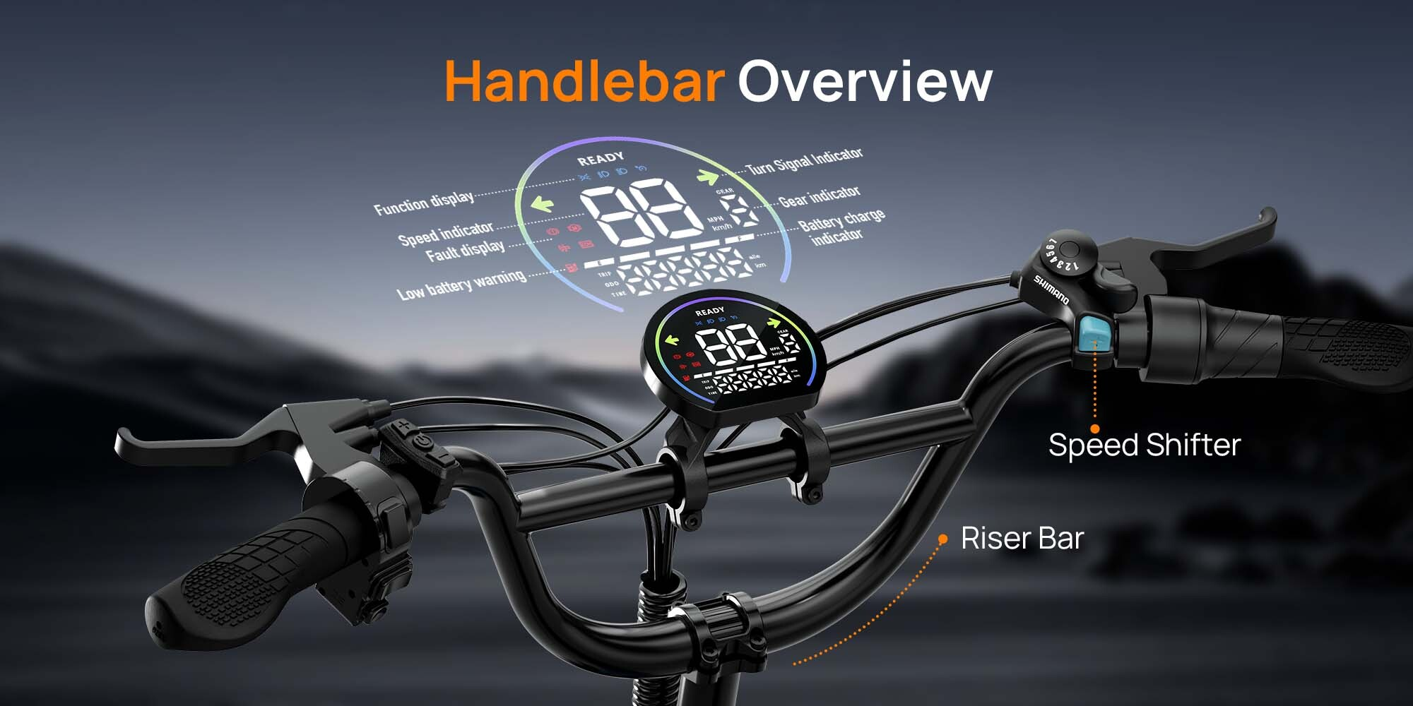 Manubrio di e-bike con display digitale e cambio di velocità su sfondo sfocato.