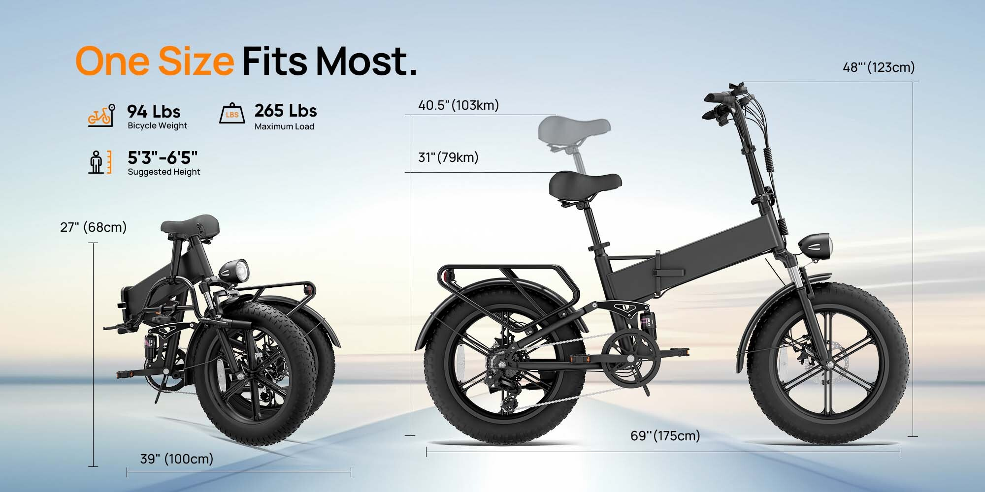 Una e-bike pieghevole nera mostra dimensioni, peso e capacità di carico su uno sfondo chiaro.