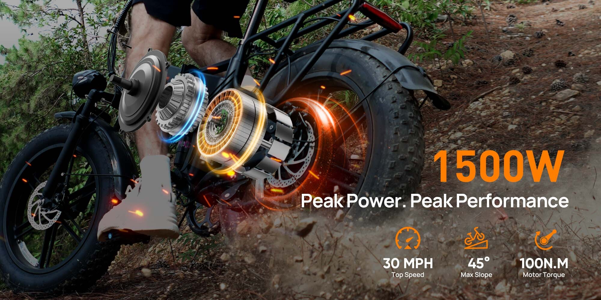 Una e-bike da 1500W guida fuoristrada, mostrando grafiche del motore e statistiche.