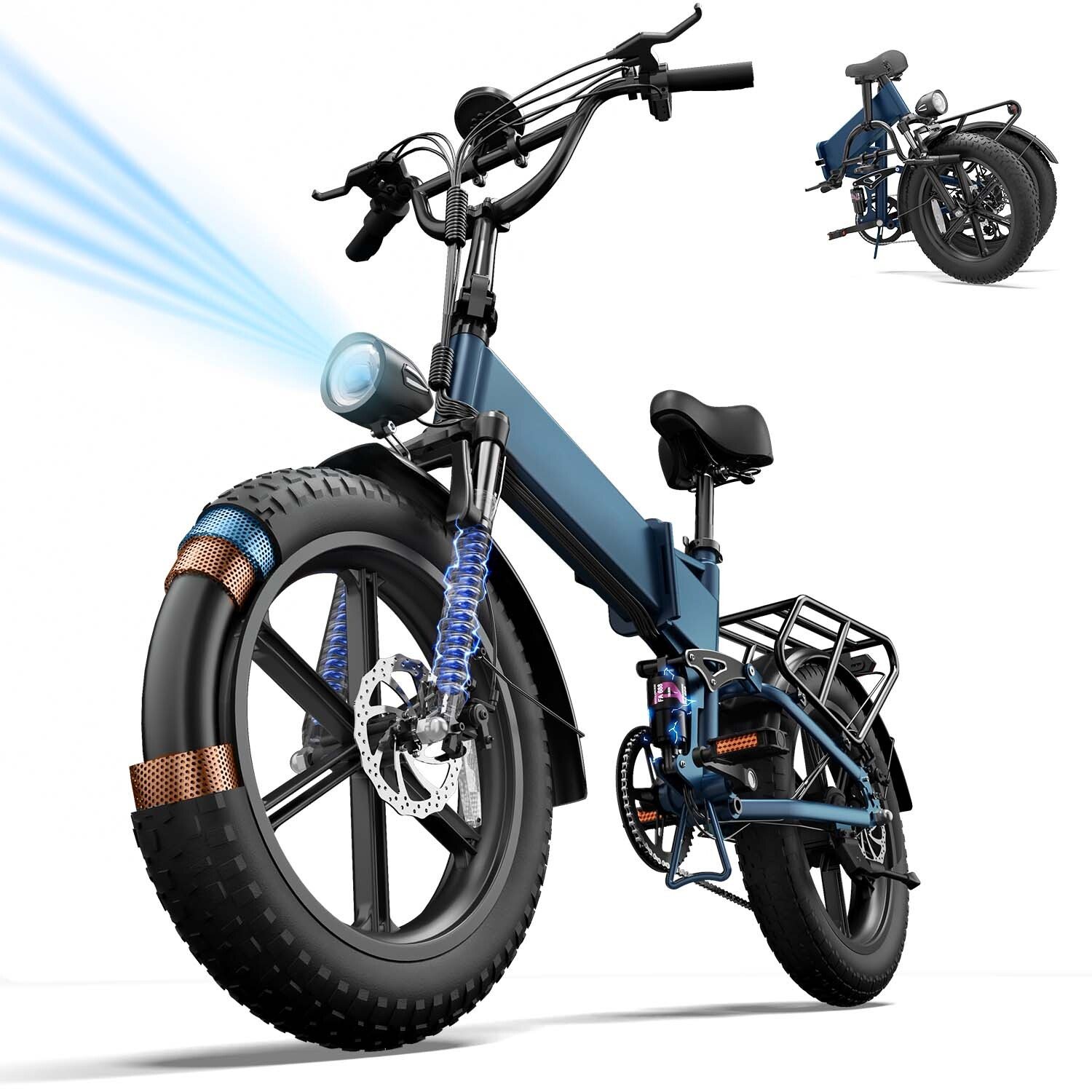 Una e-bike pieghevole blu con gomme larghe e faro su bianco; in alto a destra è piegata.