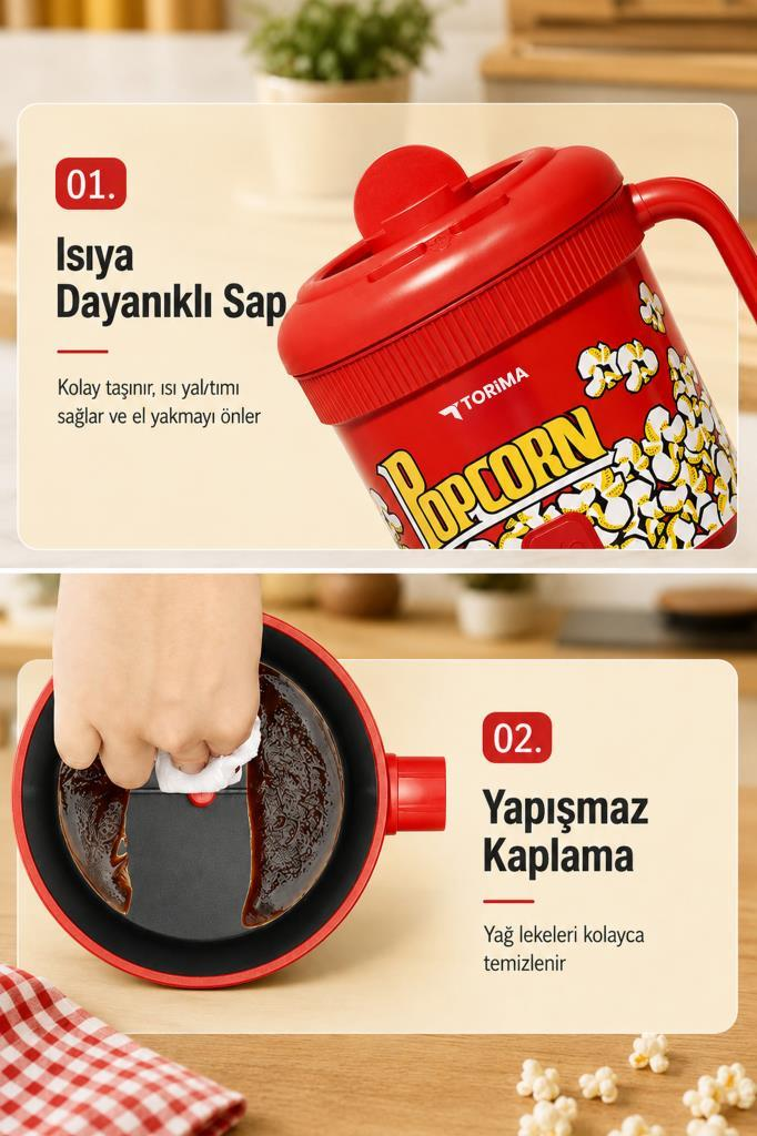 Isıya dayanıklı saplı ve yapışmaz iç yüzeyli kırmızı bir patlamış mısır makinesi temizleniyor.