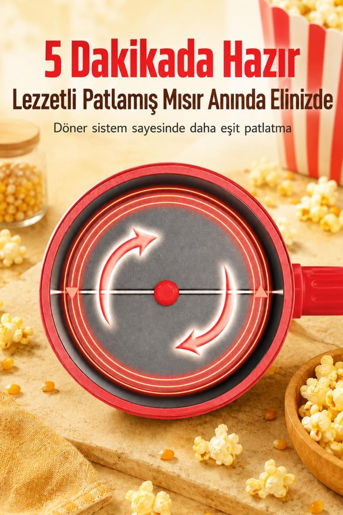 Döner kollu kırmızı patlamış mısır makinesi, üstünde Türkçe tanıtım yazısı.
