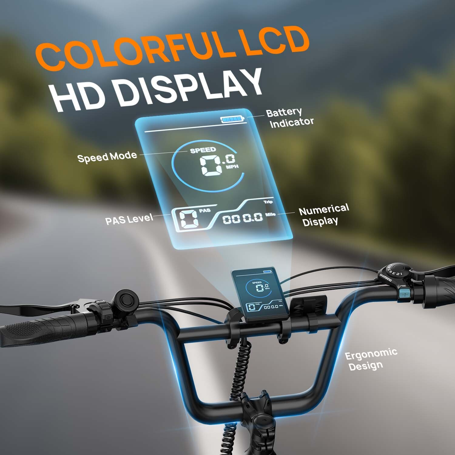 Manubrio per e-bike con display LCD HD a colori che mostra velocità, batteria e livello PAS.