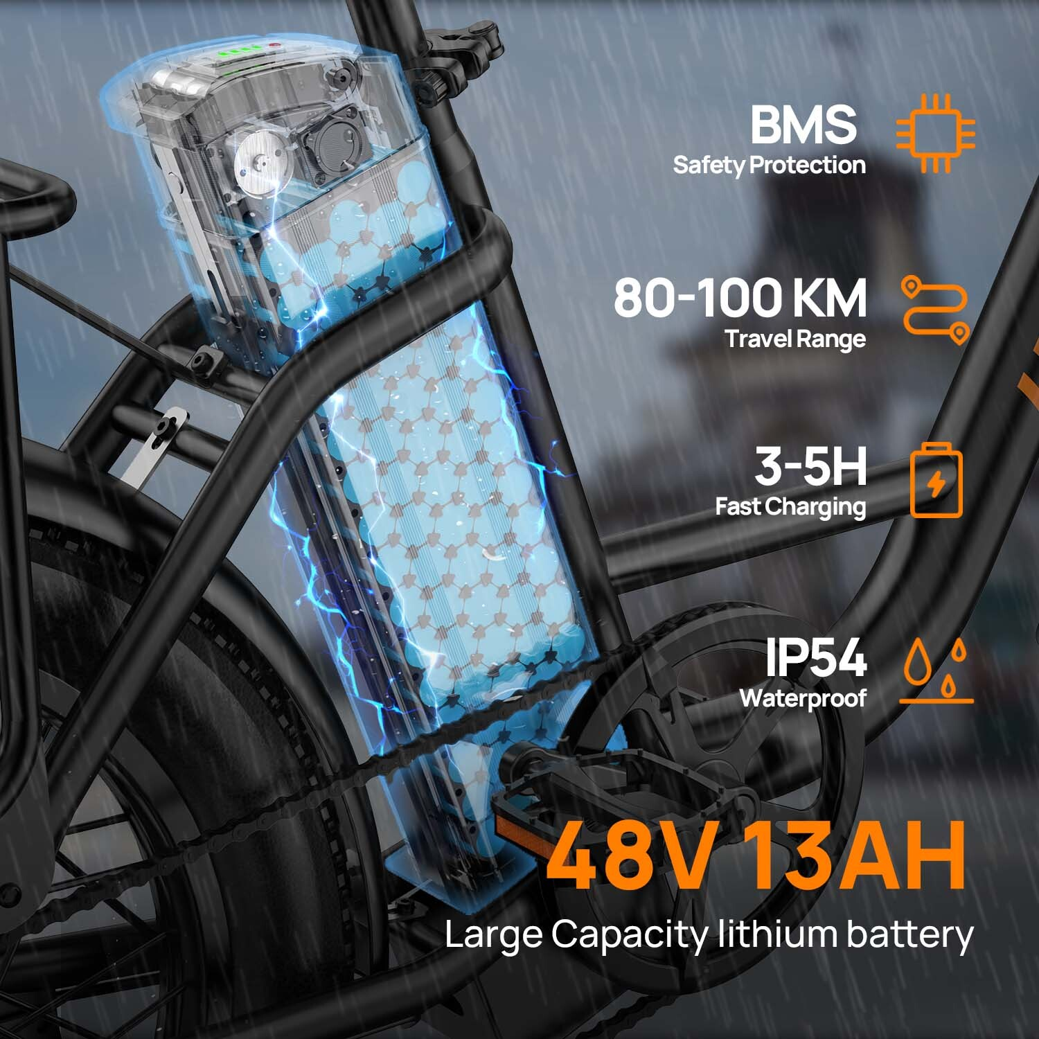 Diagramma di una batteria al litio per e-bike da 48V 13Ah sotto la pioggia con BMS e autonomia.