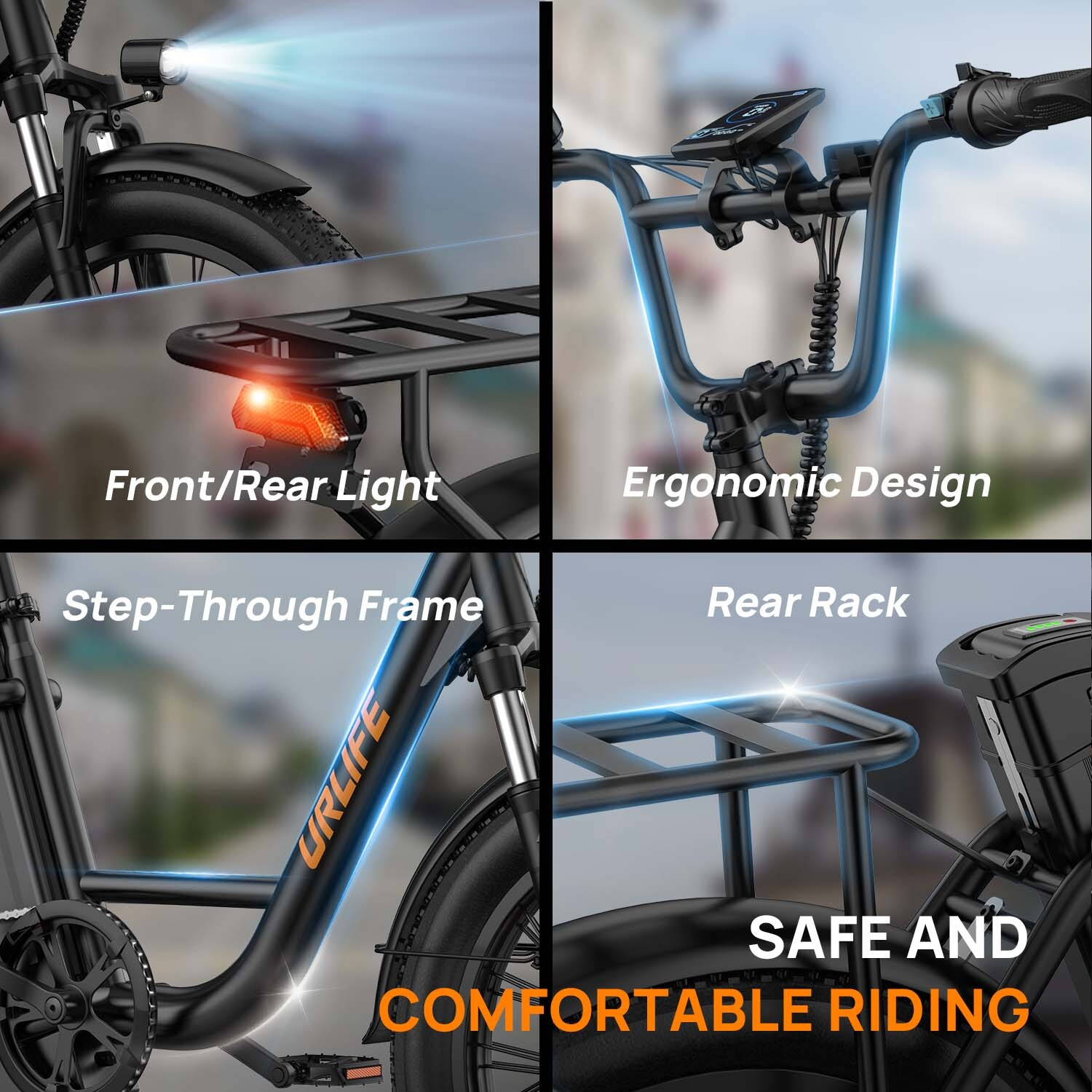 Quattro pannelli mostrano le caratteristiche della e-bike: faro, manubrio e portapacchi.