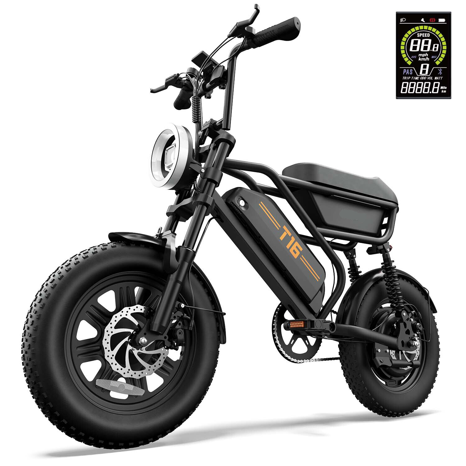 Una bicicletta elettrica nera con scritta T16, pneumatici larghi, fari rotondi e un piccolo display digitale.