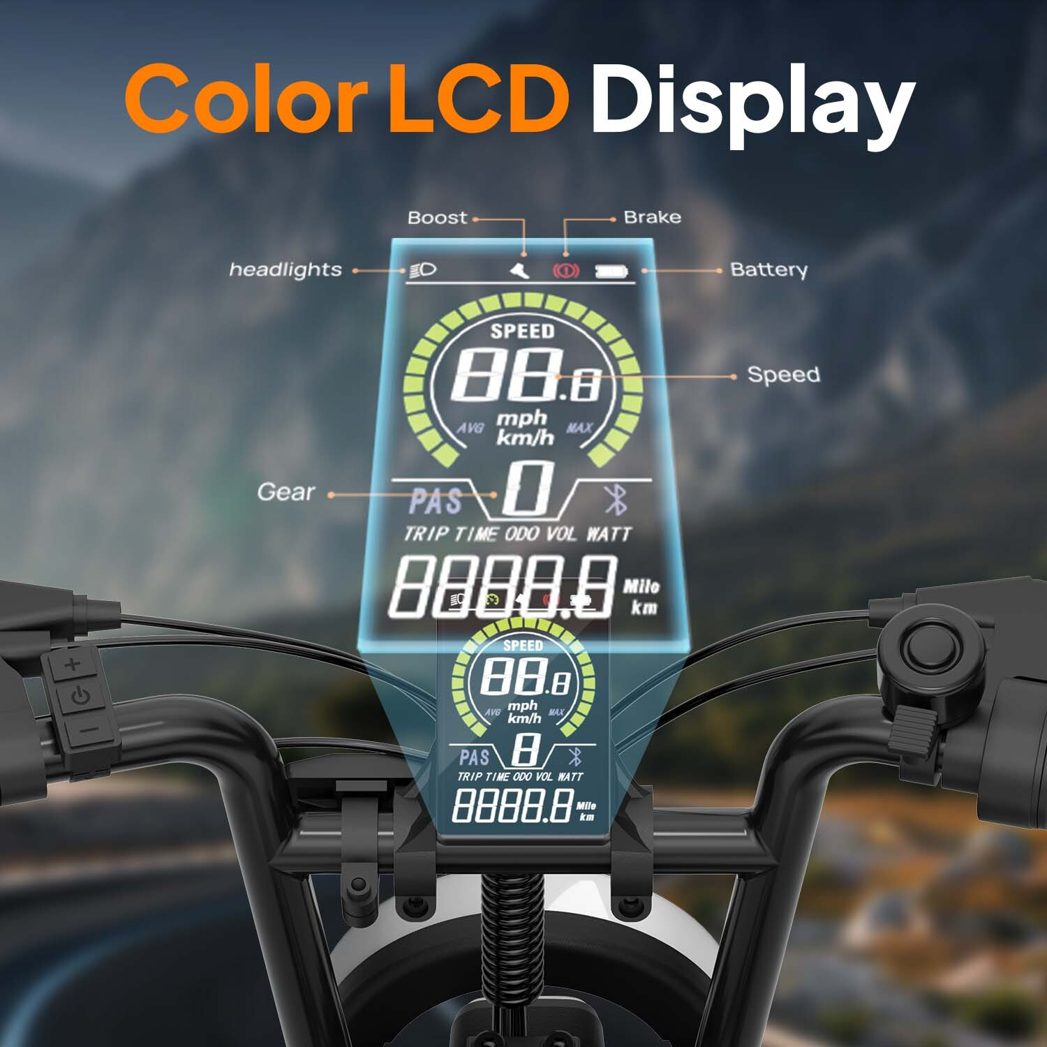 Display LCD a colori su manubrio e-bike mostra velocità, marcia e stato batteria.