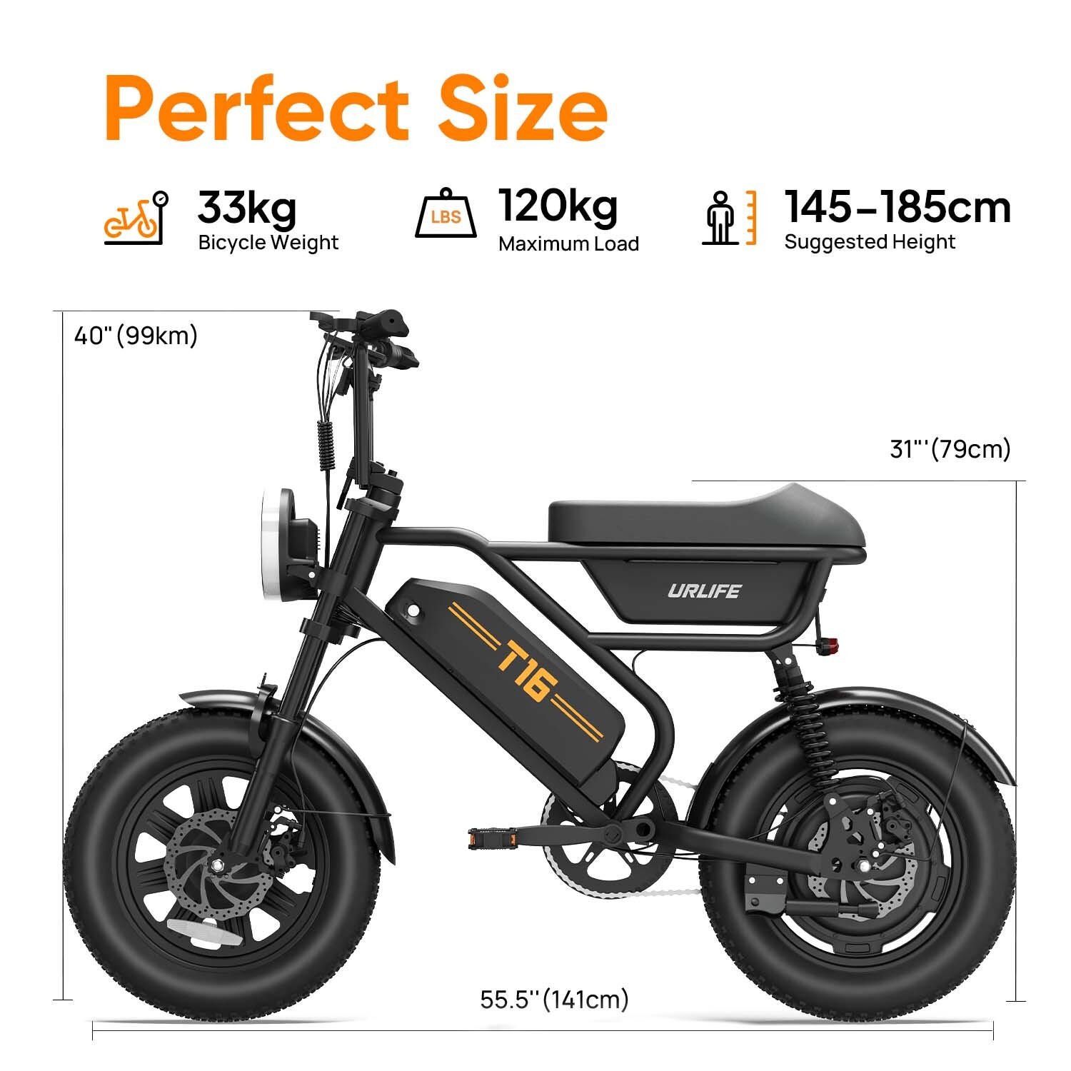 Disegno tecnico di una e-bike T16 nera con dimensioni, peso 33 kg, carico massimo 120 kg e altezza 145-185 cm.