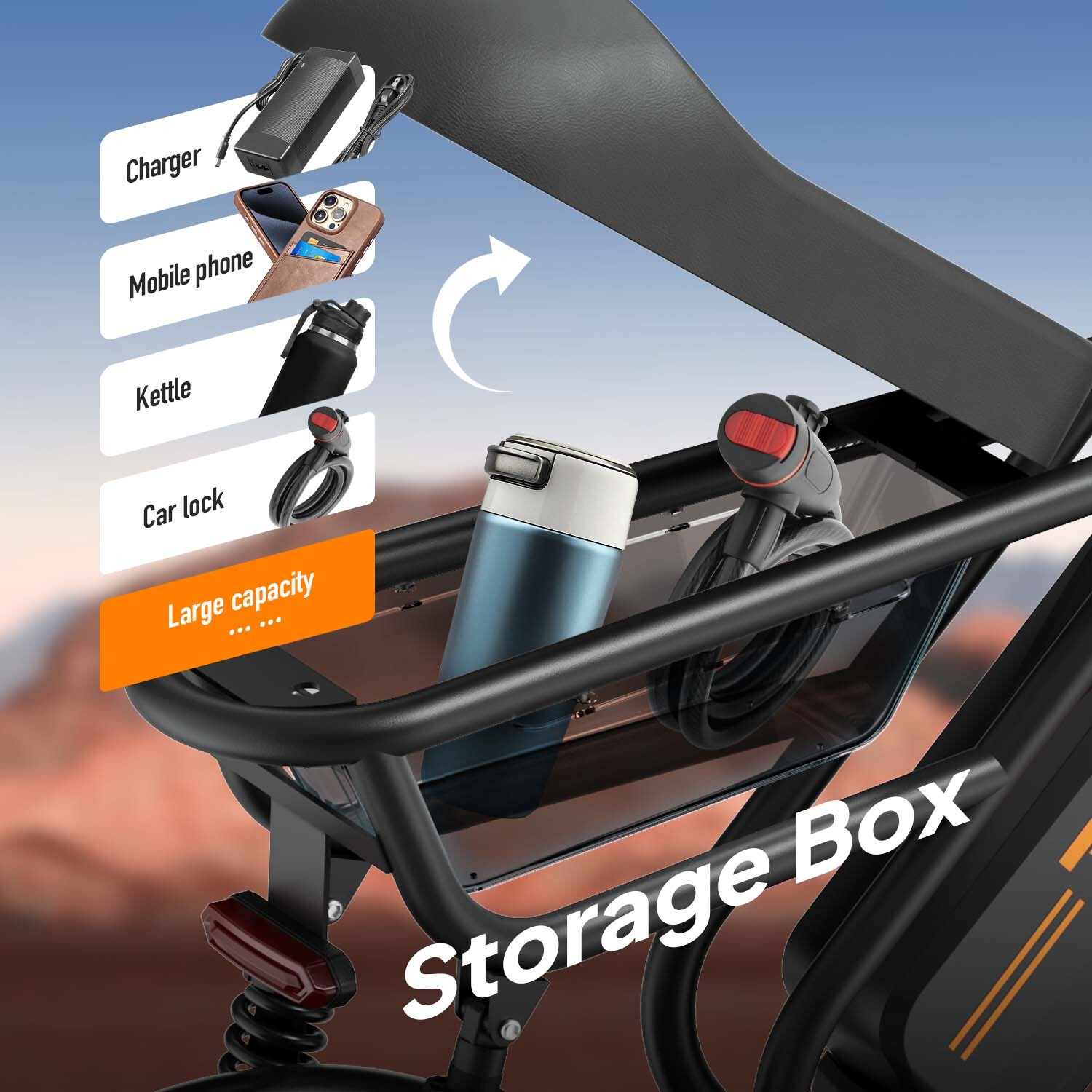 Bauletto per e-bike sotto la sella con icone di caricabatterie, telefono, bottiglia e lucchetto.
