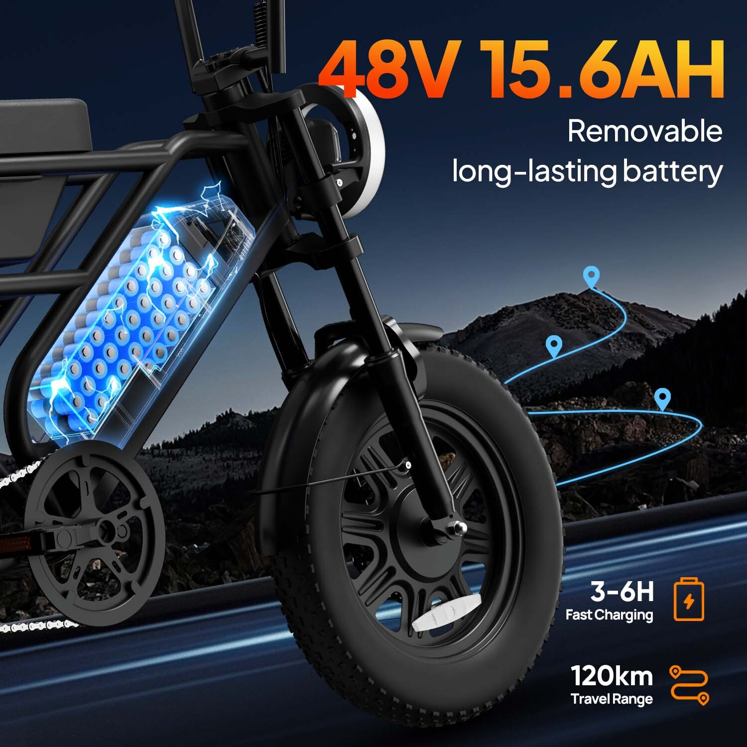 Una e-bike nera evidenzia la batteria da 48V 15.6Ah, la ricarica rapida e 120km di autonomia.
