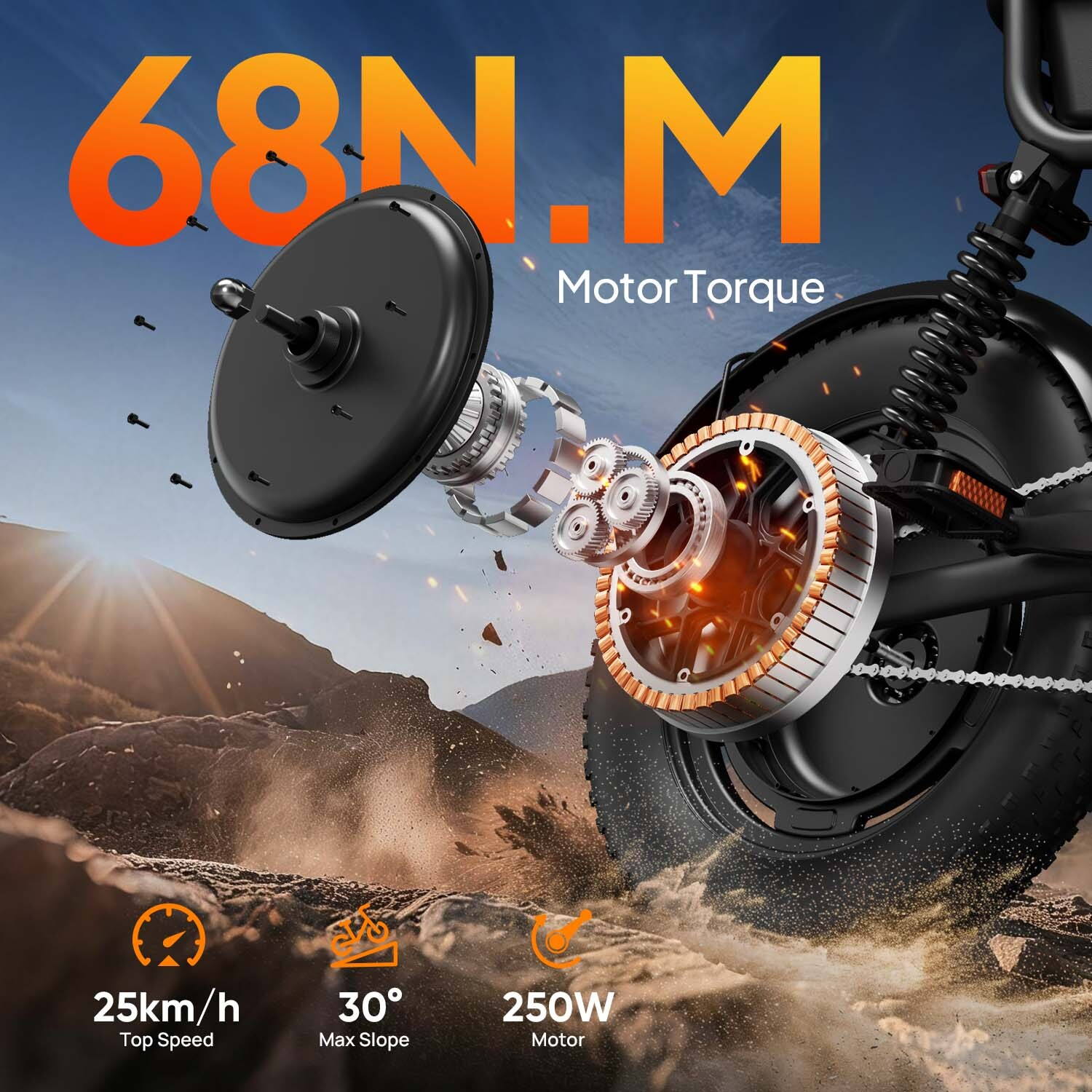 Vista esplosa di un motore per e-bike con 68 Nm di coppia, 250W e uno sfondo montano.