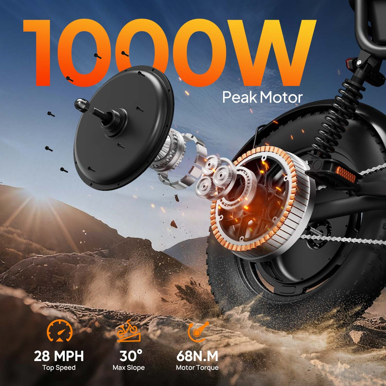 Vista esplosa di un motore per e-bike da 1000W con specifiche su terreno accidentato.