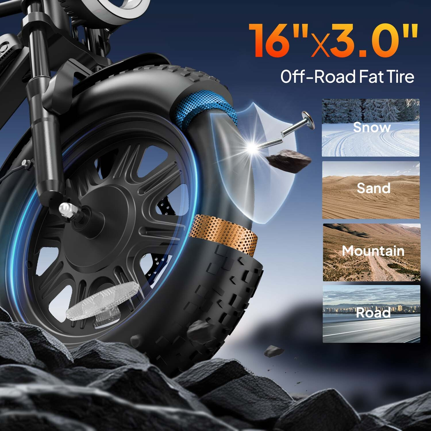 Primo piano di uno pneumatico off-road 16x3.0 con strati protettivi e piccole immagini di paesaggi.