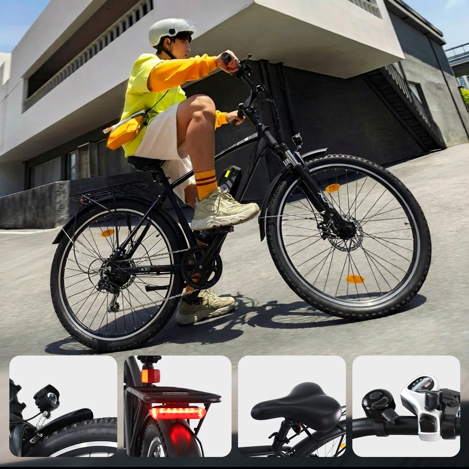 Un uomo con casco guida una e-bike nera, con primi piani del faro, luce posteriore, sella e cambio in basso.