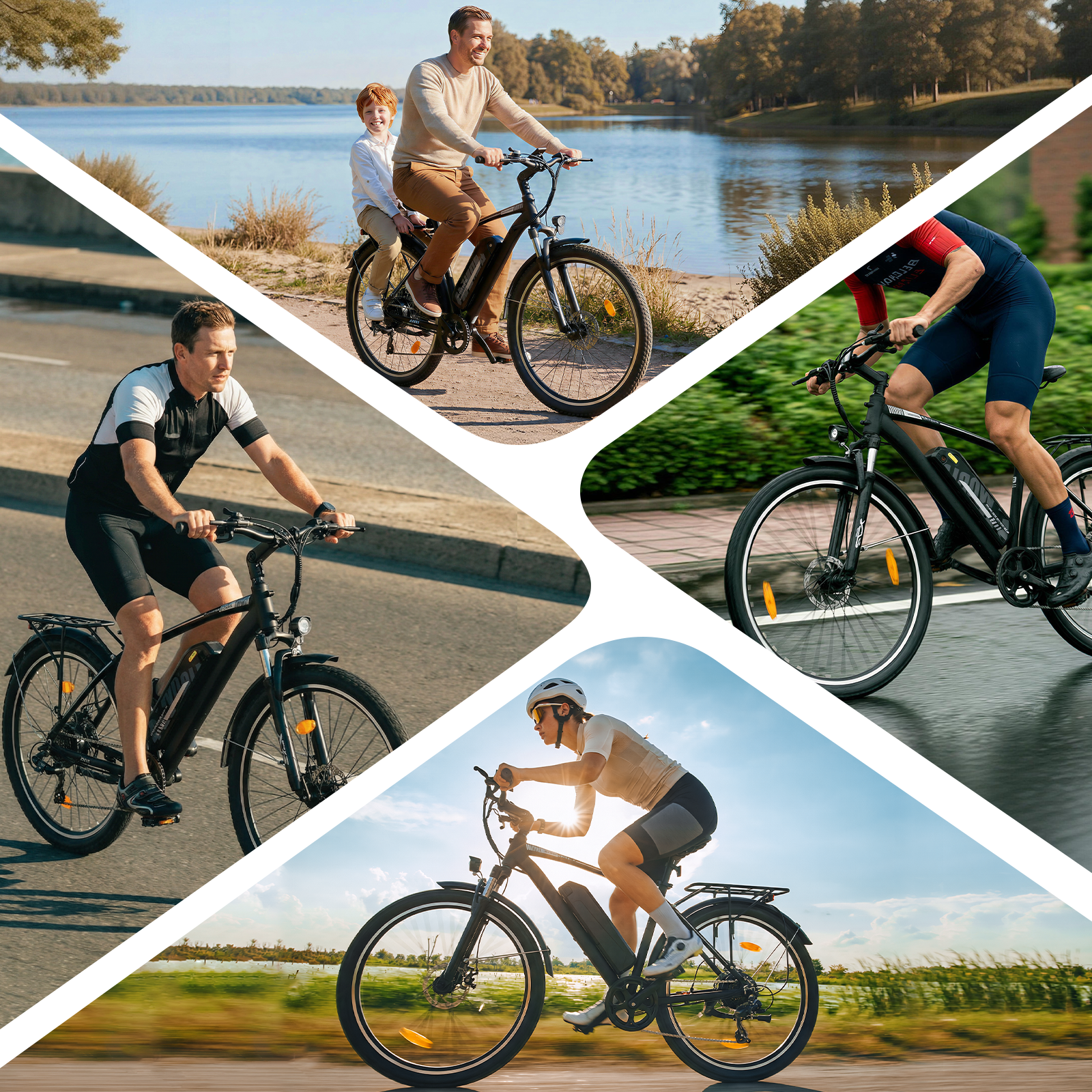 Un collage che mostra persone che guidano e-bike nere all'aperto.