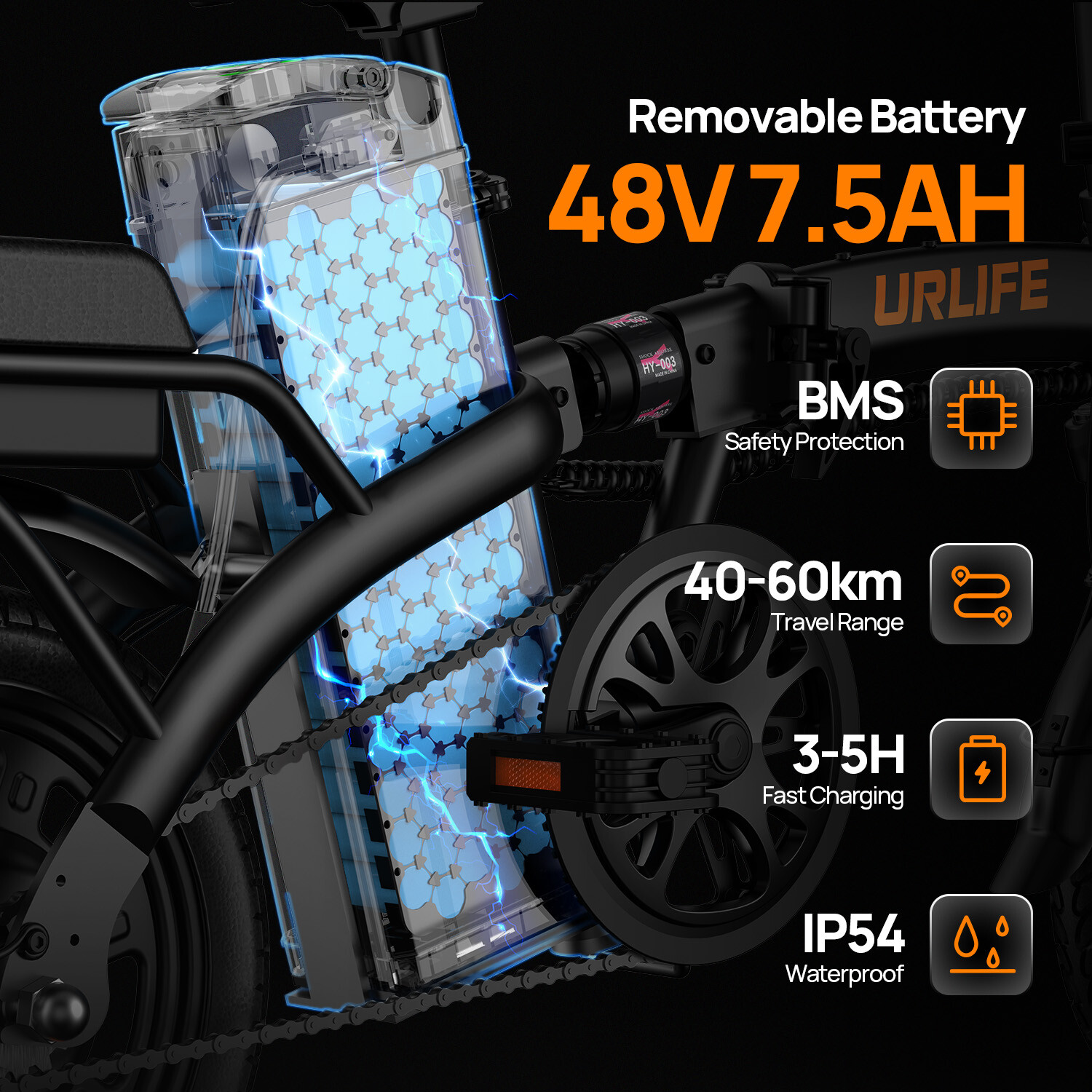 Batteria per e-bike rimovibile 48V 7.5AH con celle interne, protezione BMS, autonomia di 40-60km e ricarica rapida in 3-5h.