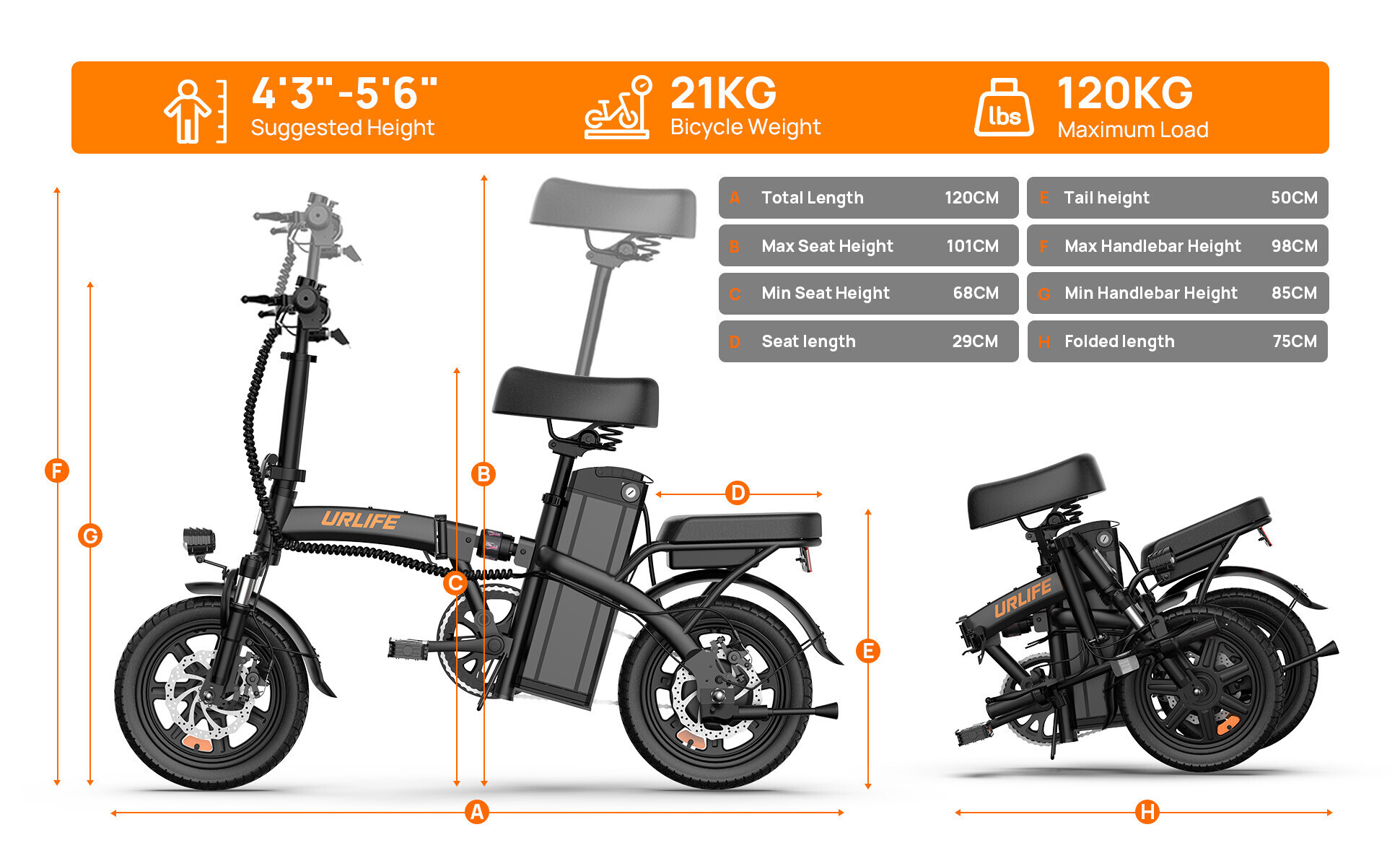 Schema di una e-bike URLIFE nera con dimensioni, specifiche di peso e vista piegata.
