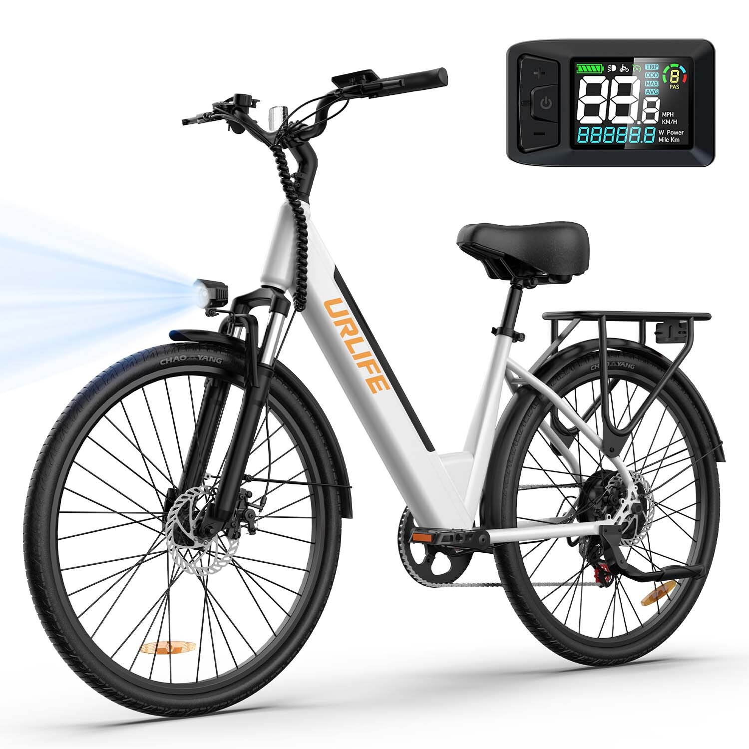 Una bici elettrica URLIFE bianca con portapacchi, faro luminoso e un piccolo display in alto a destra.