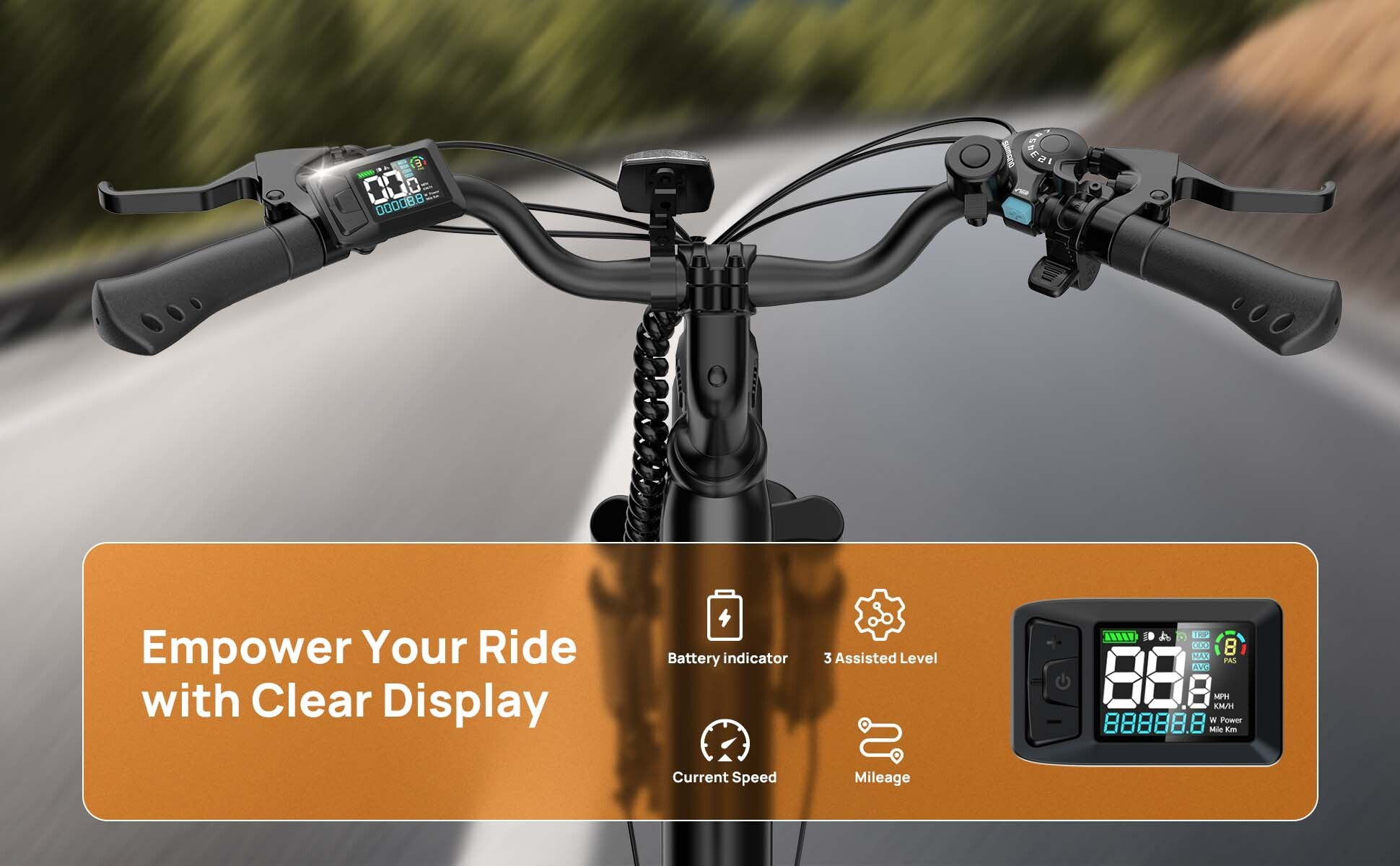 Manubrio per e-bike con display integrato che mostra batteria, velocità e chilometraggio.