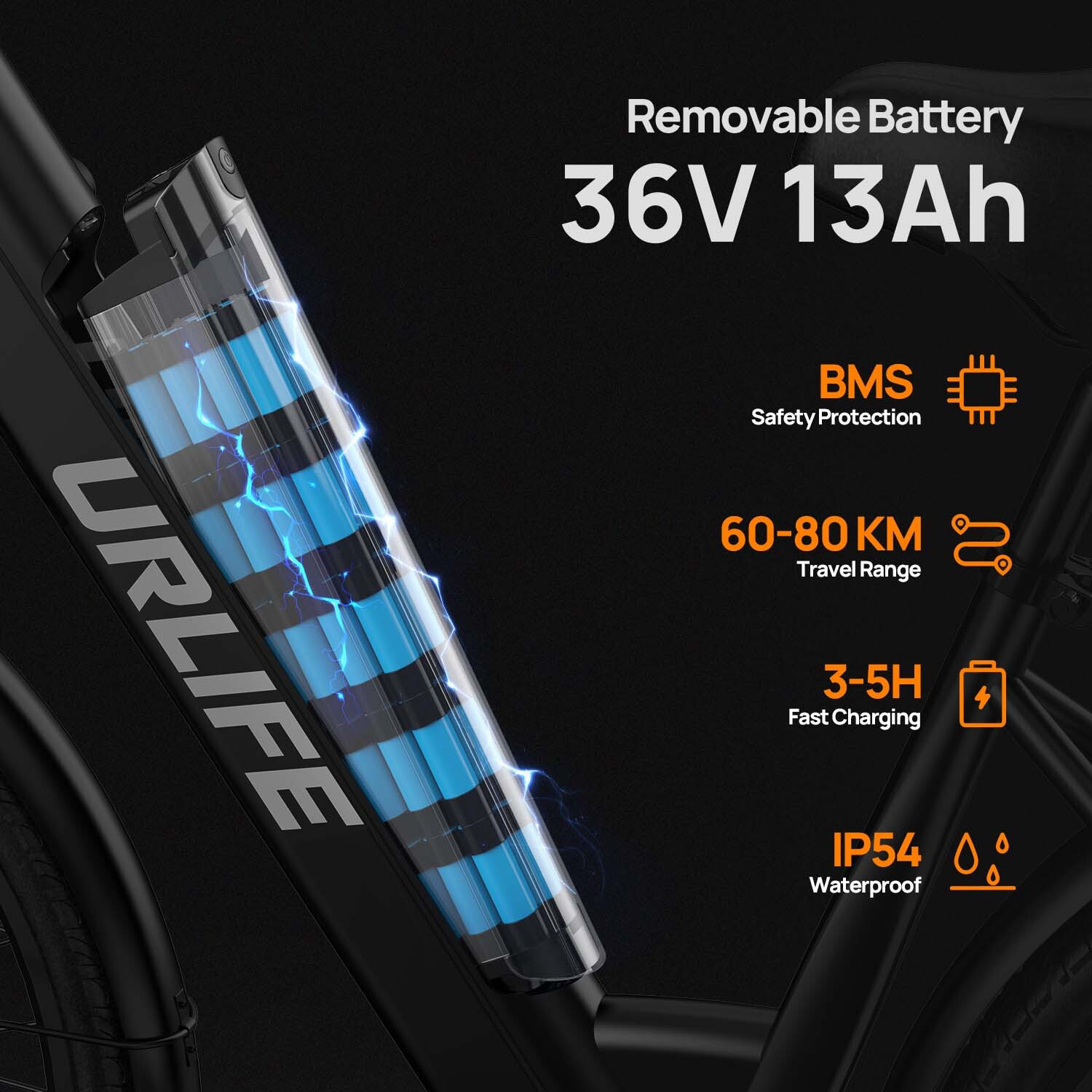 Batteria per e-bike 36V 13Ah con protezione BMS, autonomia di 60-80 km, ricarica rapida e impermeabilità IP54.