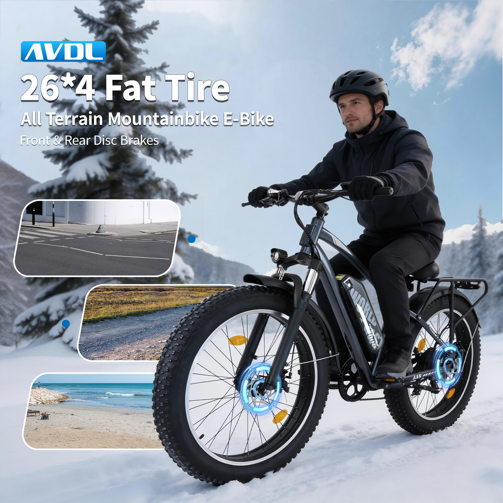 Un uomo guida una e-bike con pneumatici larghi sulla neve con un paesaggio montano.