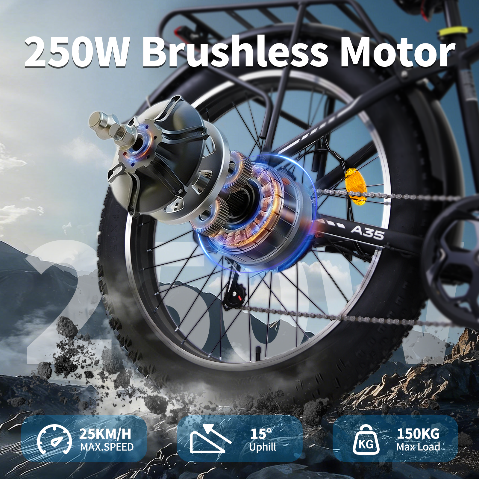 Diagramma che mostra un motore brushless per e-bike da 250W con sfondo montano.