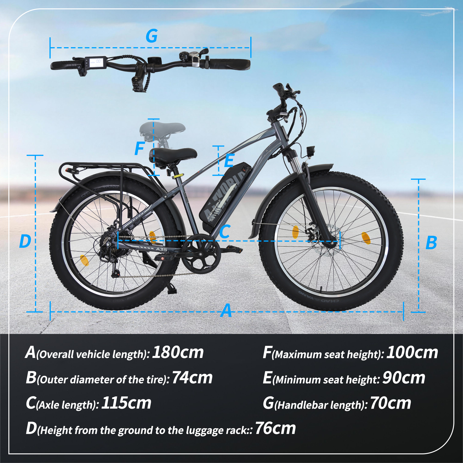 Bicicletta elettrica grigia con gomme larghe e dimensioni etichettate.