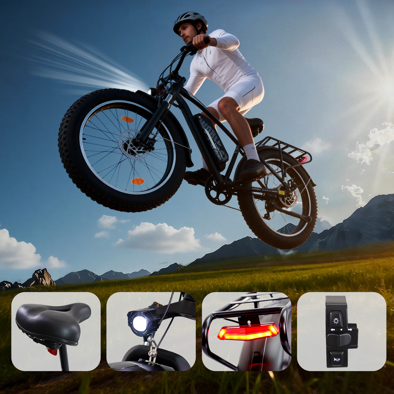 Un ciclista salta con una e-bike davanti alle montagne, con dettagli di sella, luci e comandi in basso.