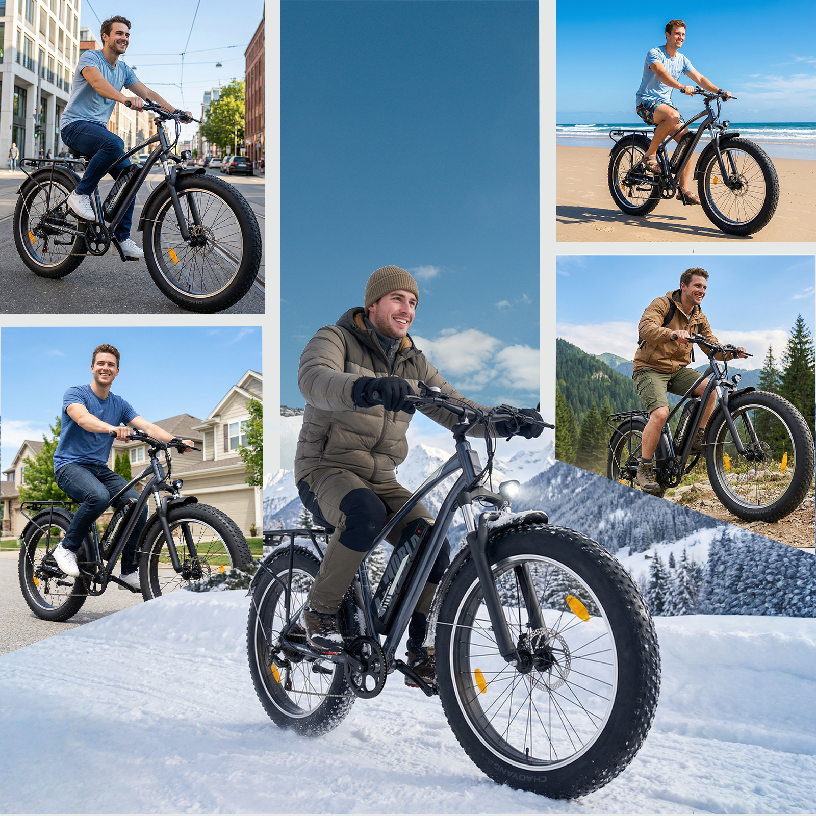 Un uomo guida una fat bike elettrica in vari scenari come città, neve, spiaggia e montagne.