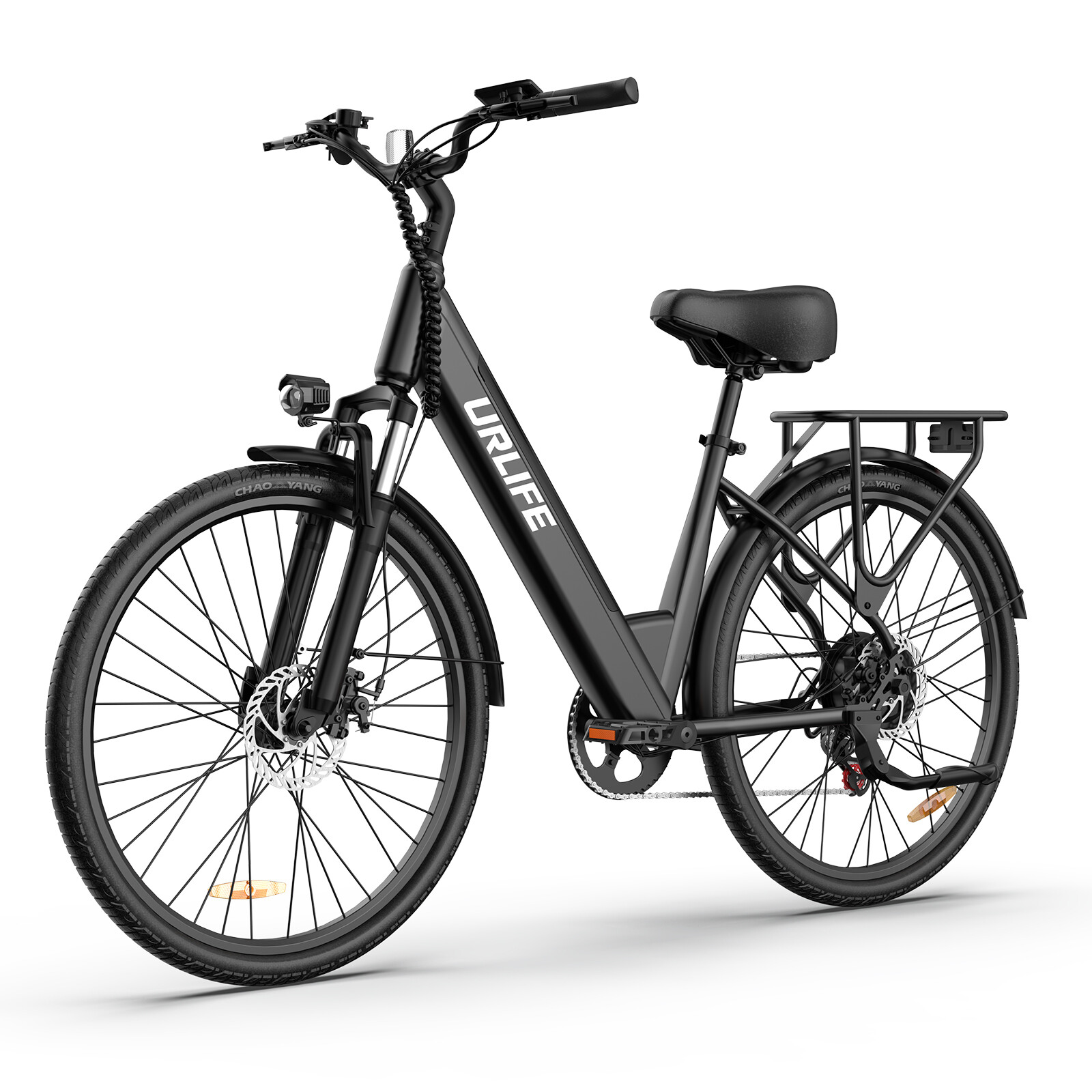 Una bicicletta elettrica nera URLIFE con telaio basso, portapacchi posteriore e luce anteriore su sfondo bianco.