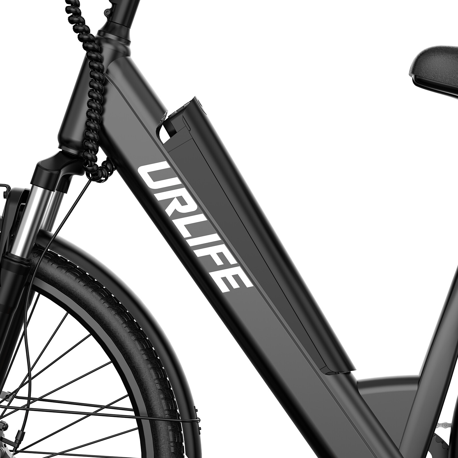Vista laterale di una bicicletta elettrica nera URLIFE con batteria integrata nel telaio e ruota anteriore.
