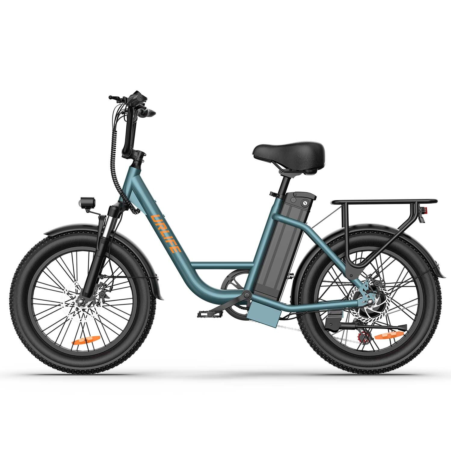 Una bicicletta elettrica verde acqua con pneumatici larghi, sella nera e batteria montata sotto il telaio.