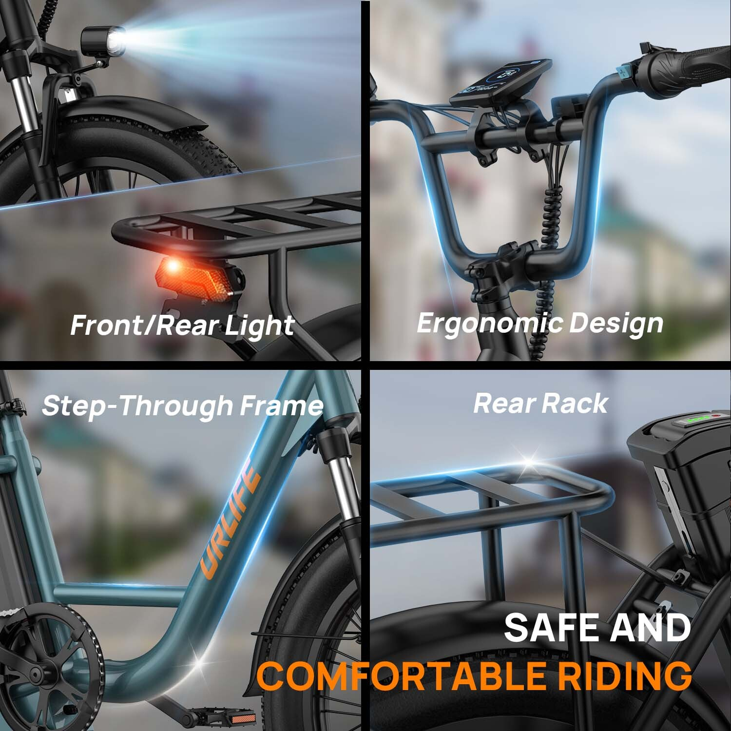 Quattro immagini mostrano le caratteristiche dell'e-bike: luci, manubrio, telaio e portapacchi.